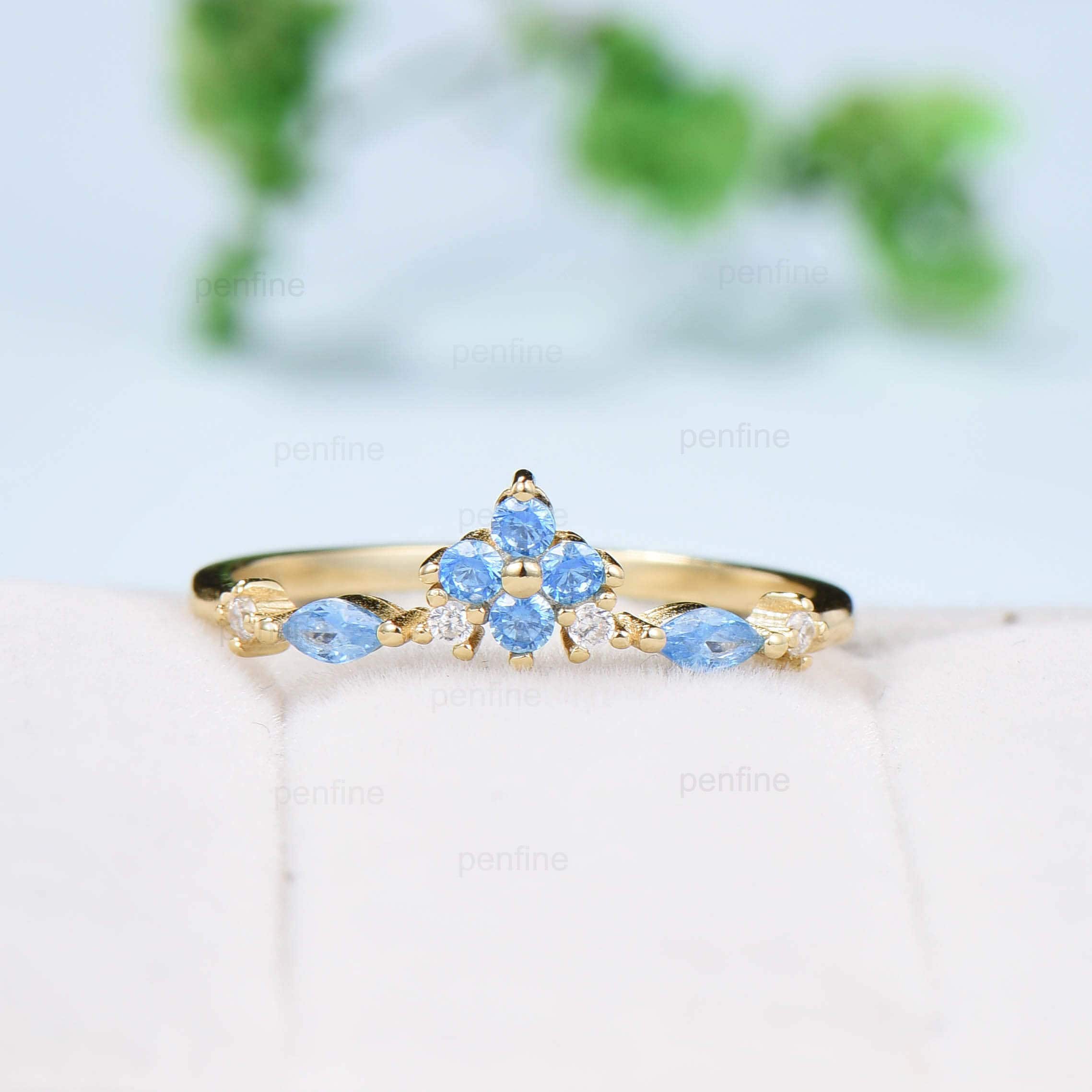 Art Deco Swiss Blue Topaz Wedding Band - 14K Yellow Gold Half Eternity Vintage Ring for Women | Stackable Anniversary, Promise & Matching Ring Set | Perfect for Engagement, Bridal Jewelry & Special Occasions