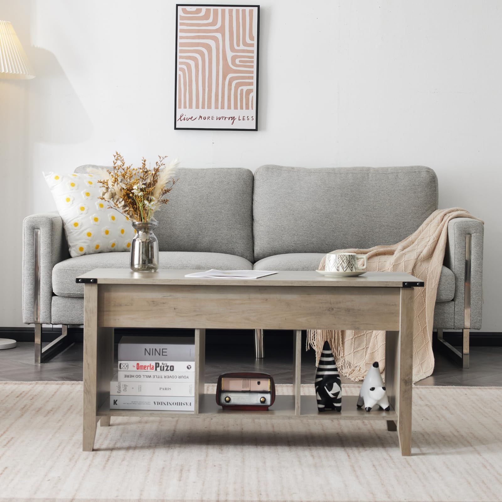 VINGLI Farmhouse Lift Top Coffee Table with Storage Shelf - Rustic Grey Lift-Up Coffee Table with Hidden Compartment, Modern Center Table for Living Room | Perfect for Small Spaces, Home Office & TV Lounge Decor