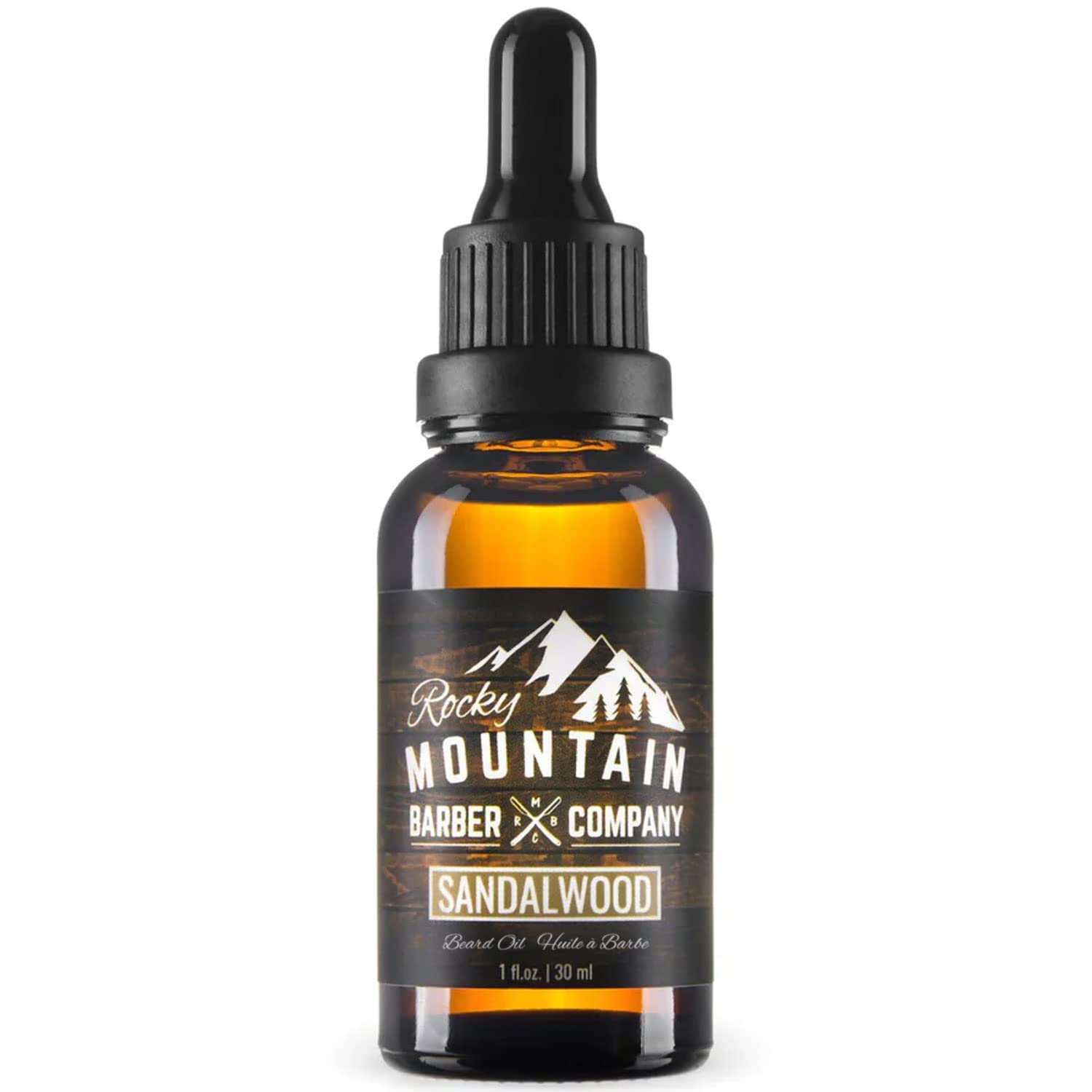 Rocky Mountain Barber Company Men’s Sandalwood Beard Oil with Grapeseed, Coconut & Argan Oils - Natural Essential Oil for Beard Growth & Softening - Perfect for Daily Grooming & Styling