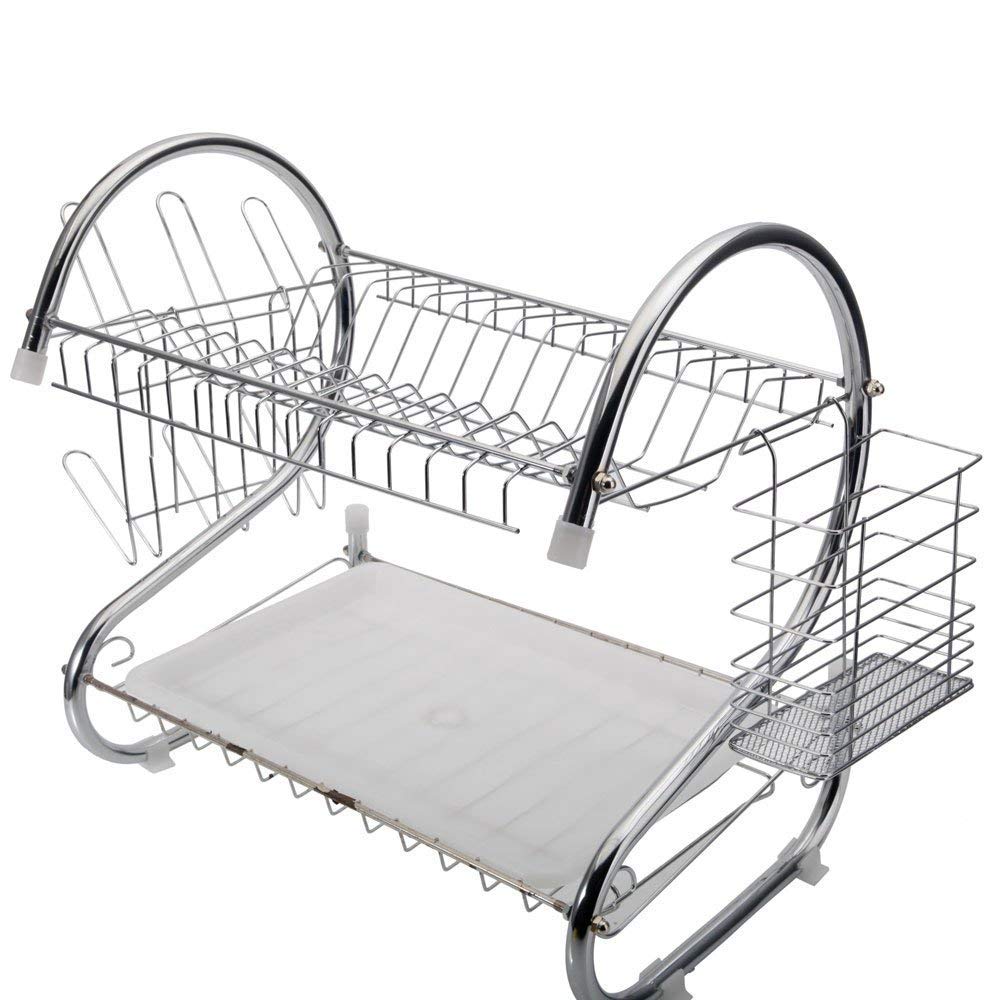 2 Tier Clothes Drying Rack with Utensil Holder, Cup Holder & Dish Drainer - Space Saving S-Shaped Multifunctional Kitchen Organizer for Small Apartments, Dorms & Laundry Rooms | Perfect for Drying Clothes, Storing Utensils & Organizing Dishes