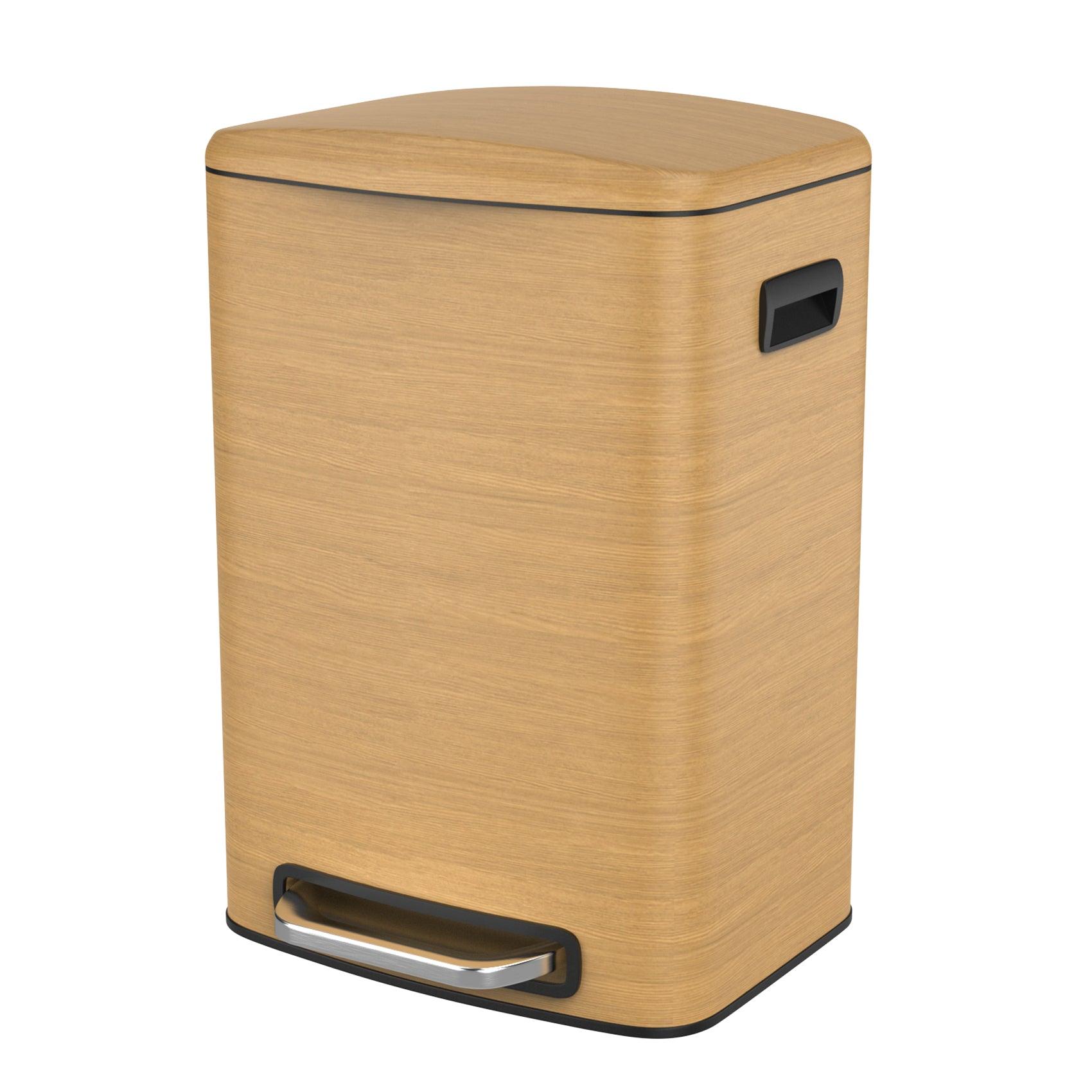 13 Gallon 50L Stainless Steel Rectangular Trash Can with Foot Pedal - Soft Close Lid, Wood Texture Design - Includes 30 Garbage Bags - Perfect for Kitchen, Office, or Bathroom Waste Disposal