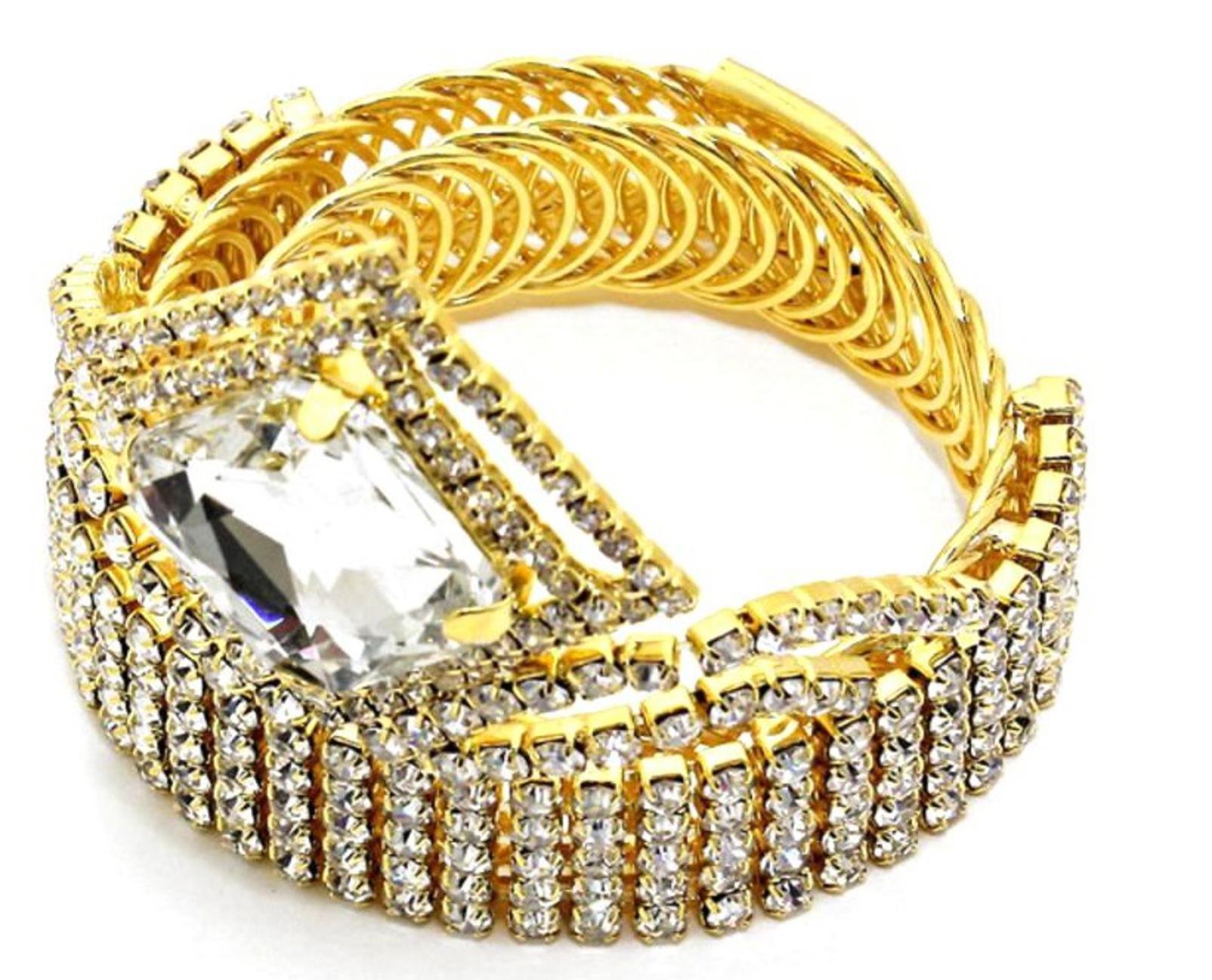 Trendy Square Rhinestone Cuff Bracelet for Women - Elegant Arm & Ankle Jewelry (AZABRH370-GCL) | Perfect for Parties, Weddings & Evening Events