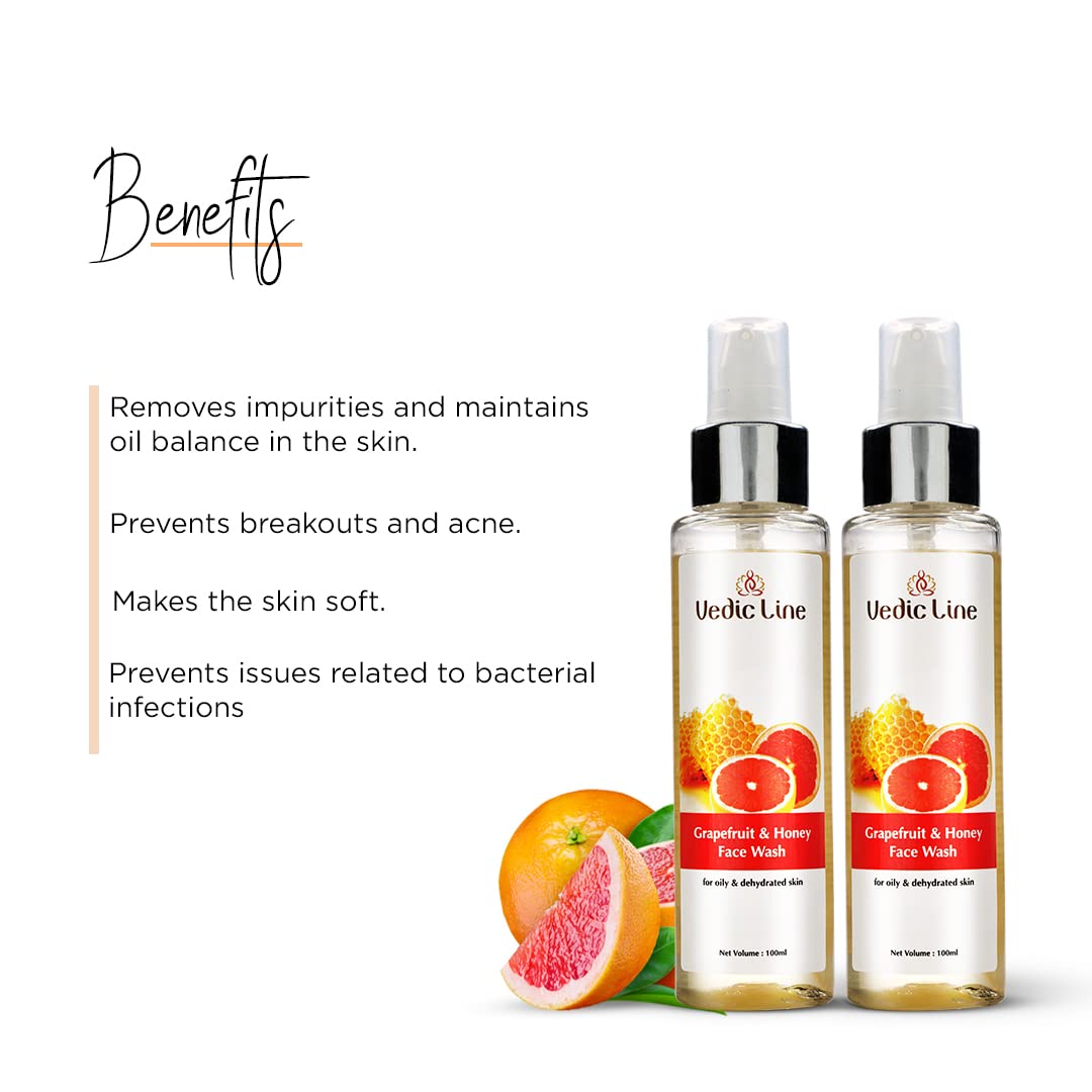 Vedicline Grapefruit & Honey Face Wash for Oily & Dehydrated Skin - Deep Cleansing & Hydrating Formula (Pack of 2 x 100ml) - Perfect Christmas & New Year Gift for Skincare Lovers | Daily Use for Fresh, Glowing Skin