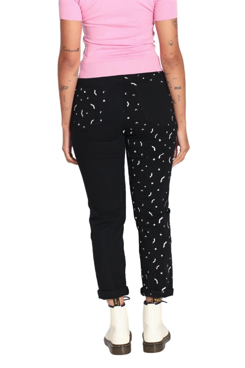 Hell Bunny Bat Duo Denim Jeans - Pink & Black Half & Half Stretch Skinny Jeans for Women | Gothic Punk Halloween Outfit, Casual Wear, Rock Concert Fashion