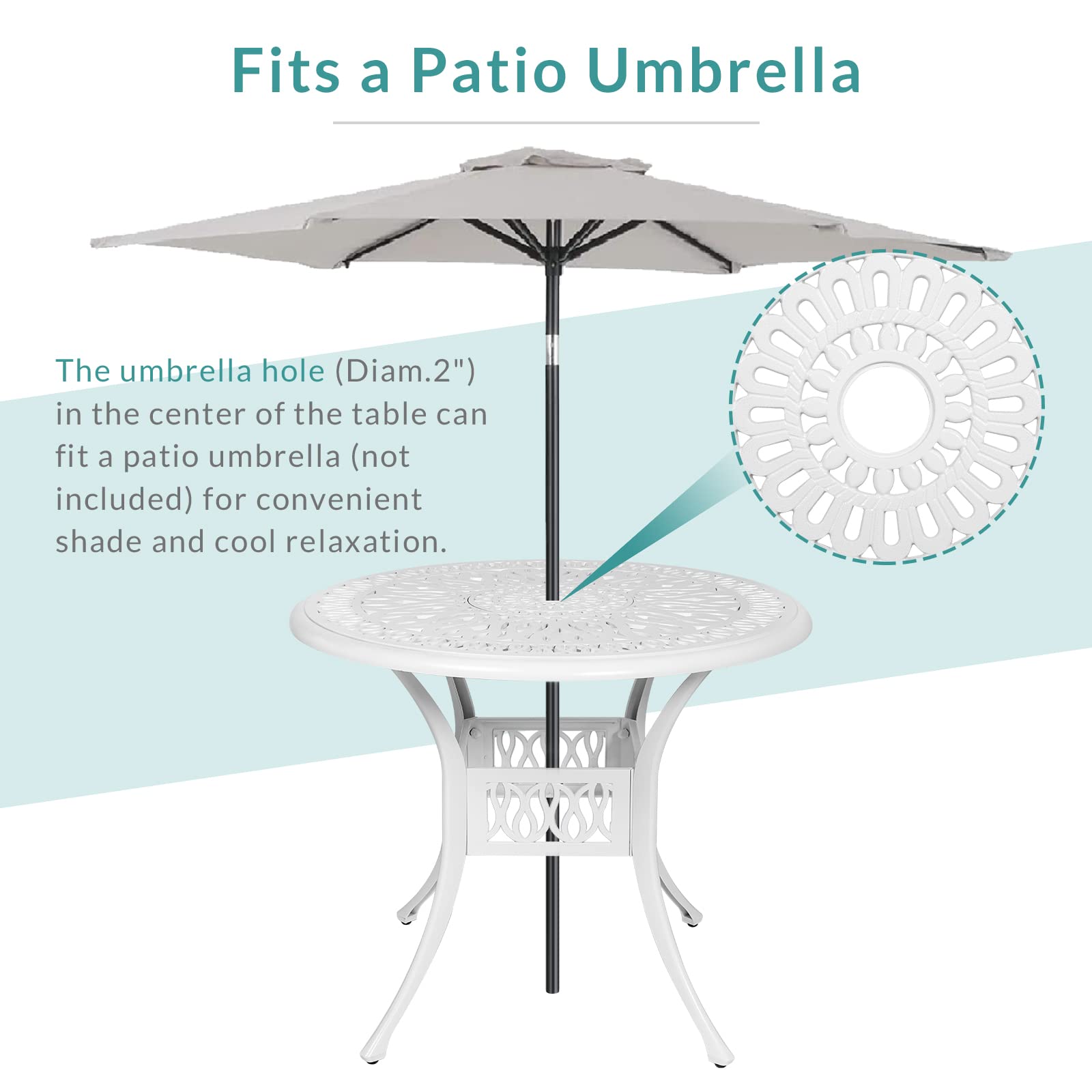 MEETWARM 35.4 Inch Round Outdoor Dining Table - Weather-Resistant Cast Aluminum Patio Table with 2 Inch Umbrella Hole in White - Perfect for Backyard, Garden, Poolside & Outdoor Entertaining