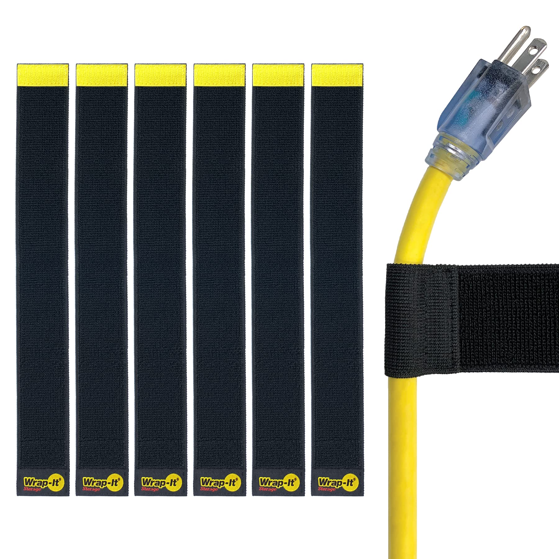 Wrap-It Storage 16-inch Selfie Straps (6-Pack) - Black Stretchy Hook & Loop Cable Organizers for Phone Chargers, Headphones & Electronics - Perfect for Home, Office & Travel Cable Management