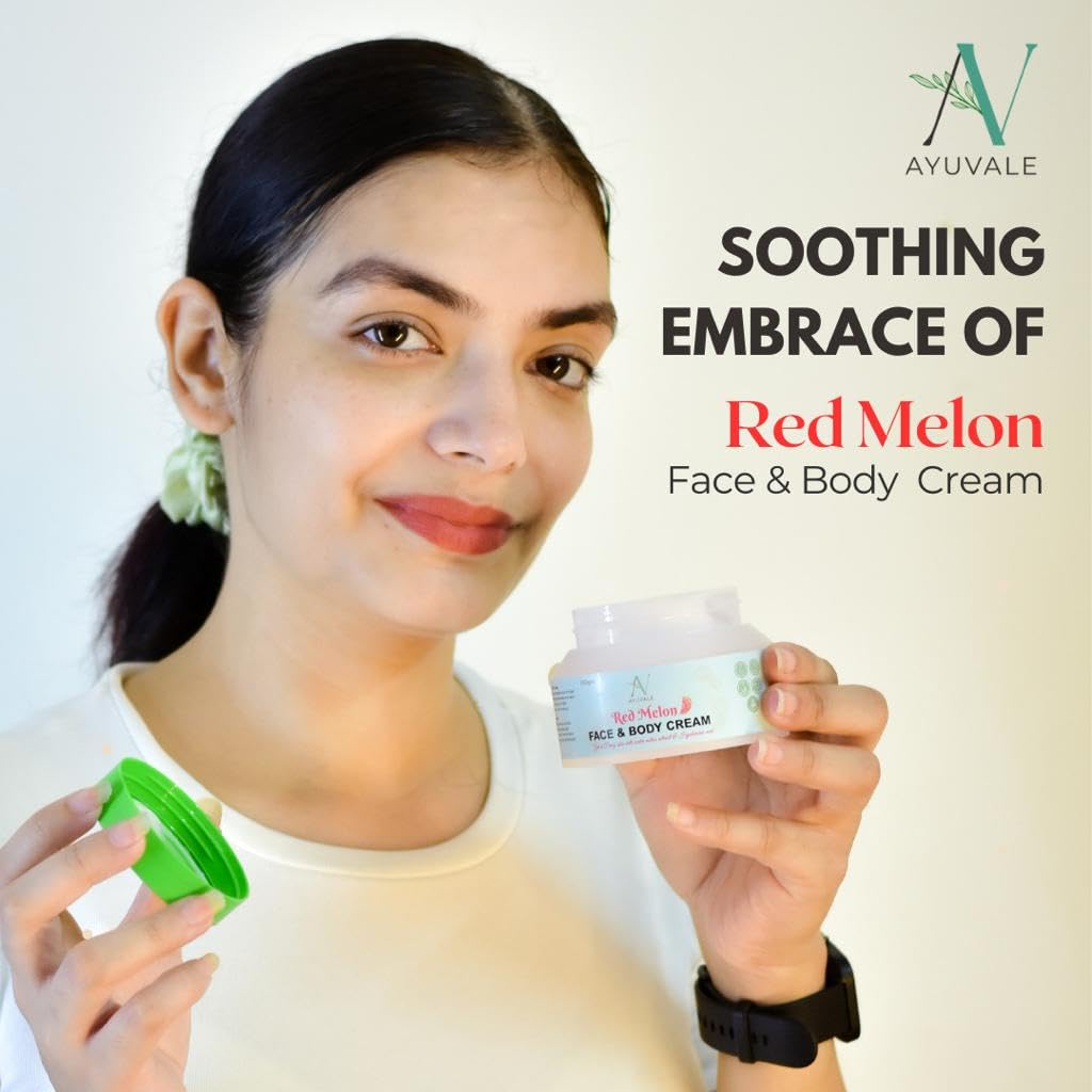 AYUVALE Red Melon Face & Body Cream - Watermelon Infused Moisturizer for Soft, Nourished Skin | Non-Greasy, 100% Natural Formula (100Gm) | Perfect for Daily Hydration & Post-Sun Care
