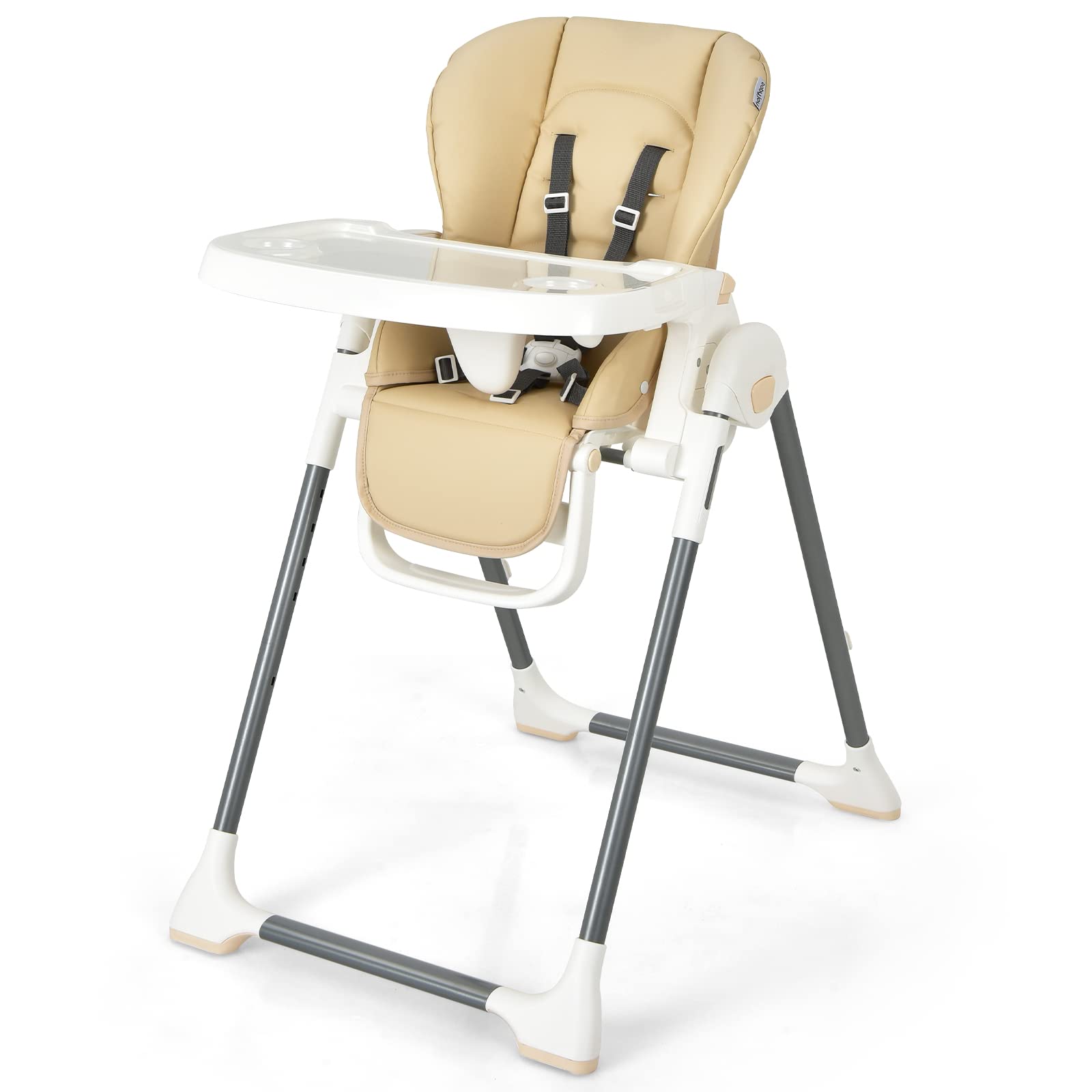 HONEY JOY Foldable Baby High Chair with Book Rack, Storage Basket & Double Food Tray - 8 Height Adjustments & 4 Reclining Positions - Safe Dining Chair for Infants & Toddlers (Beige) - Perfect for Feeding, Reading & Playtime at Home