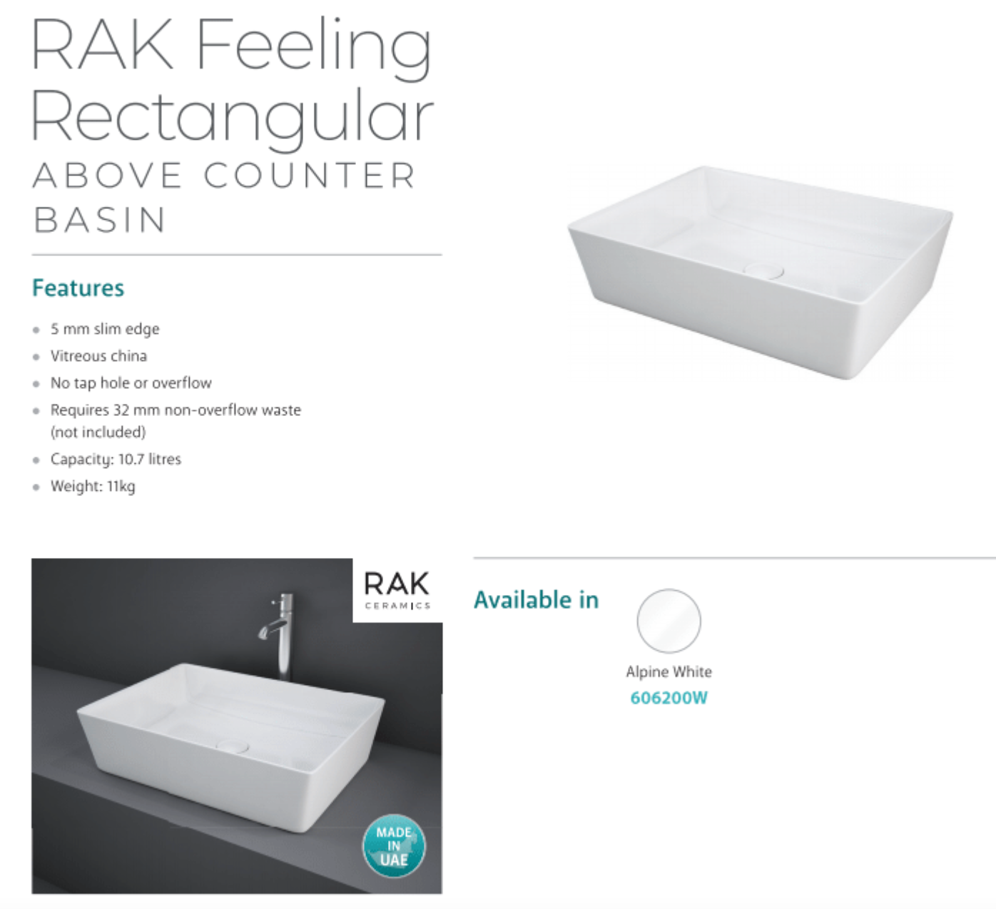Fienza 606200W White Rectangular Above Counter RAK Basin - Modern Bathroom Sink for Vanity, Powder Room & Guest Bath Installation