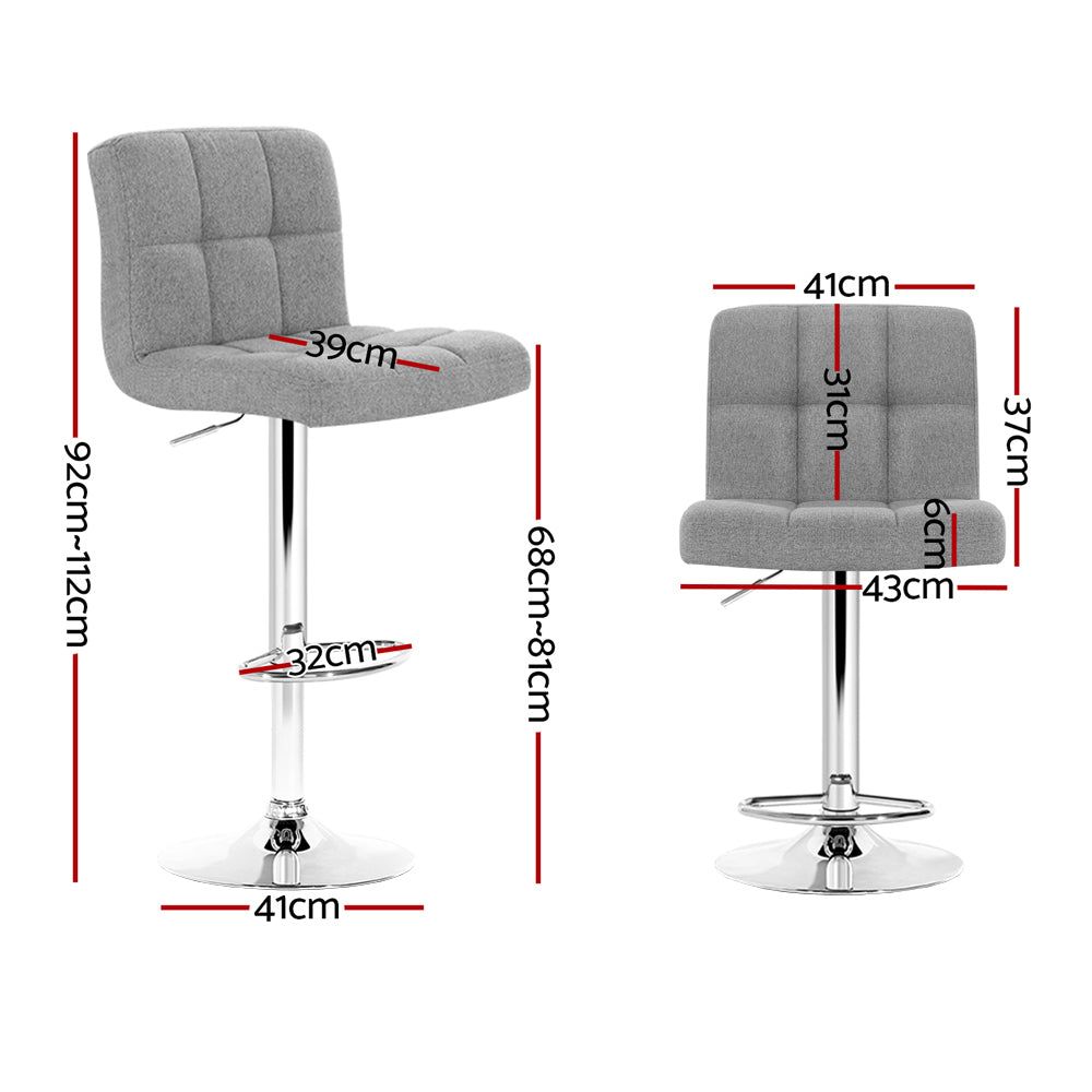 4 Bar Stools with Gas Lift Mechanism - Grey Fabric Upholstered Counter Height Stools for Kitchen Island, Breakfast Bar & Dining Room