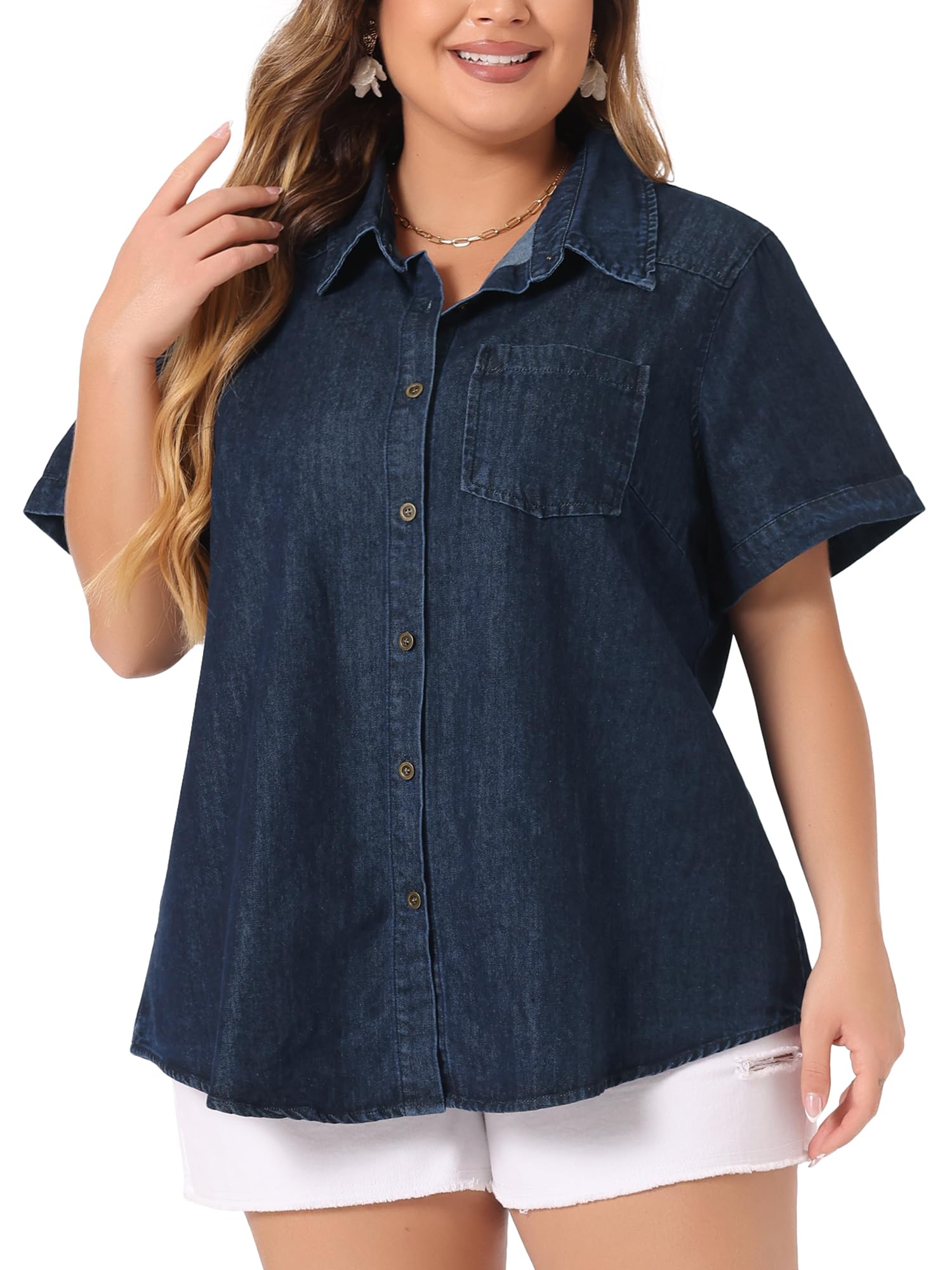 Plus Size Women's Denim Shirt - Short Sleeve Western Button Down Top for Casual Outings