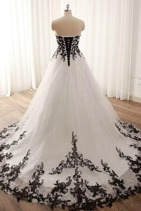 XYAYE Strapless Gothic Wedding Dress for Bride - Black Lace Bridal Gown with Brush Train & Sparkly Tulle | Elegant Gothic Romance, Dark Fairy Tale Wedding, Vampire-Themed Ceremony