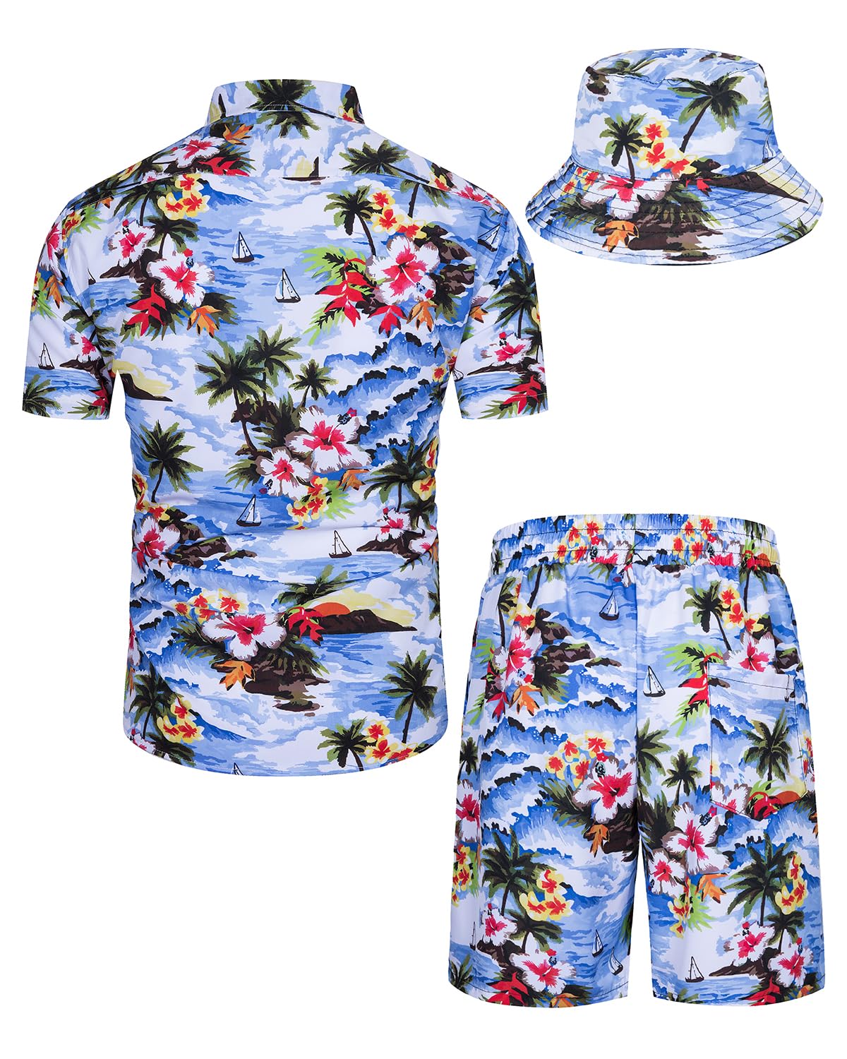 **TUNEVUSE Men's Hawaiian Shirts and Shorts Set - 2 Piece Tropical Beach Outfit with Floral Print & Bucket Hat | Summer Vacation, Luau Party, Poolside Relaxation**