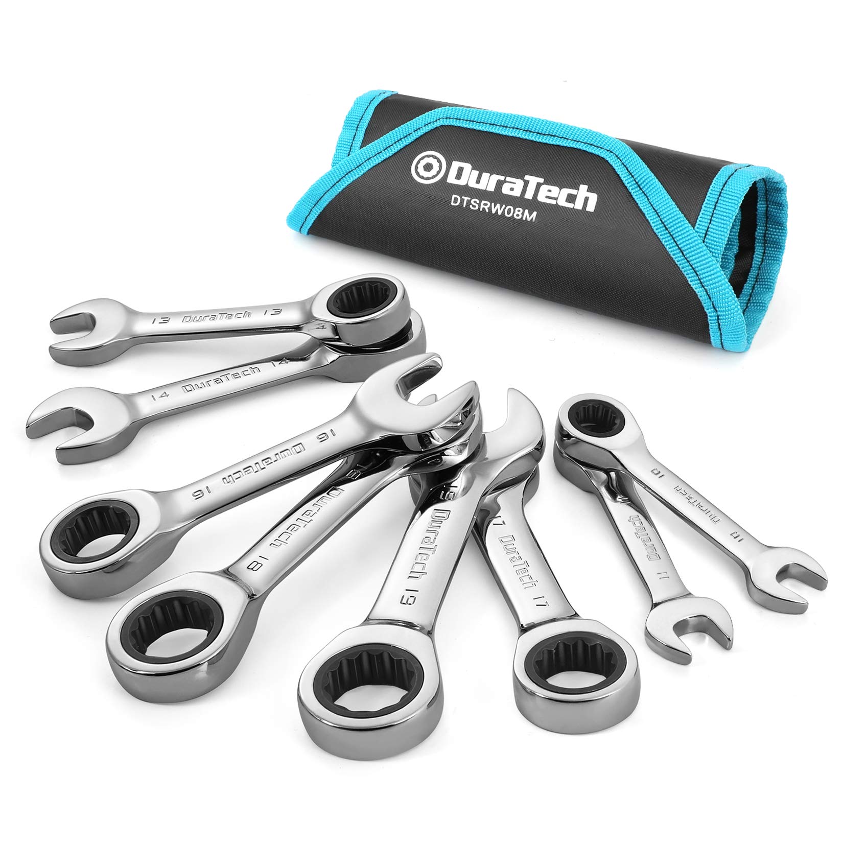DURATECH 8-Piece Metric Stubby Ratcheting Combination Wrench Set (10/11/13/14/16/17/18/19mm) - CR-V Steel Construction with Storage Pouch - Ideal for Tight Spaces, Automotive Repair & DIY Projects