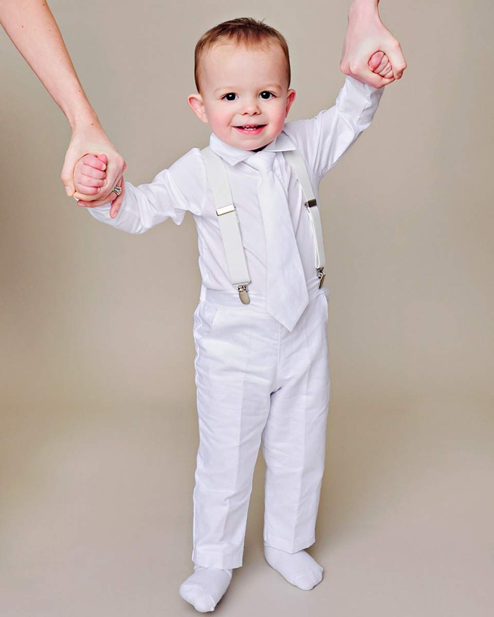 Baby Boys Christening Outfit Set - 4 Piece Formal Suspender Suit for Baptism, Church & Special Occasions