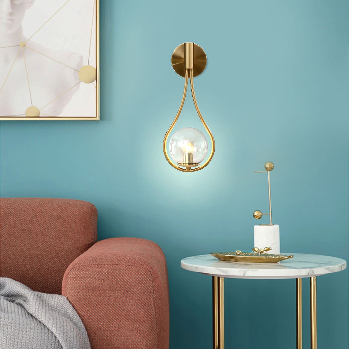 BOKT Gold Globe Glass Wall Sconce 2 Pack - Mid-Century Modern Vanity Lights with Clear Glass Shade - Industrial Style Bathroom Vanity Lighting - Indoor Wall Lamp for Living Room, Hallway, Bedroom - Perfect for Home Decor, Apartment Lighting, and Commercial Spaces