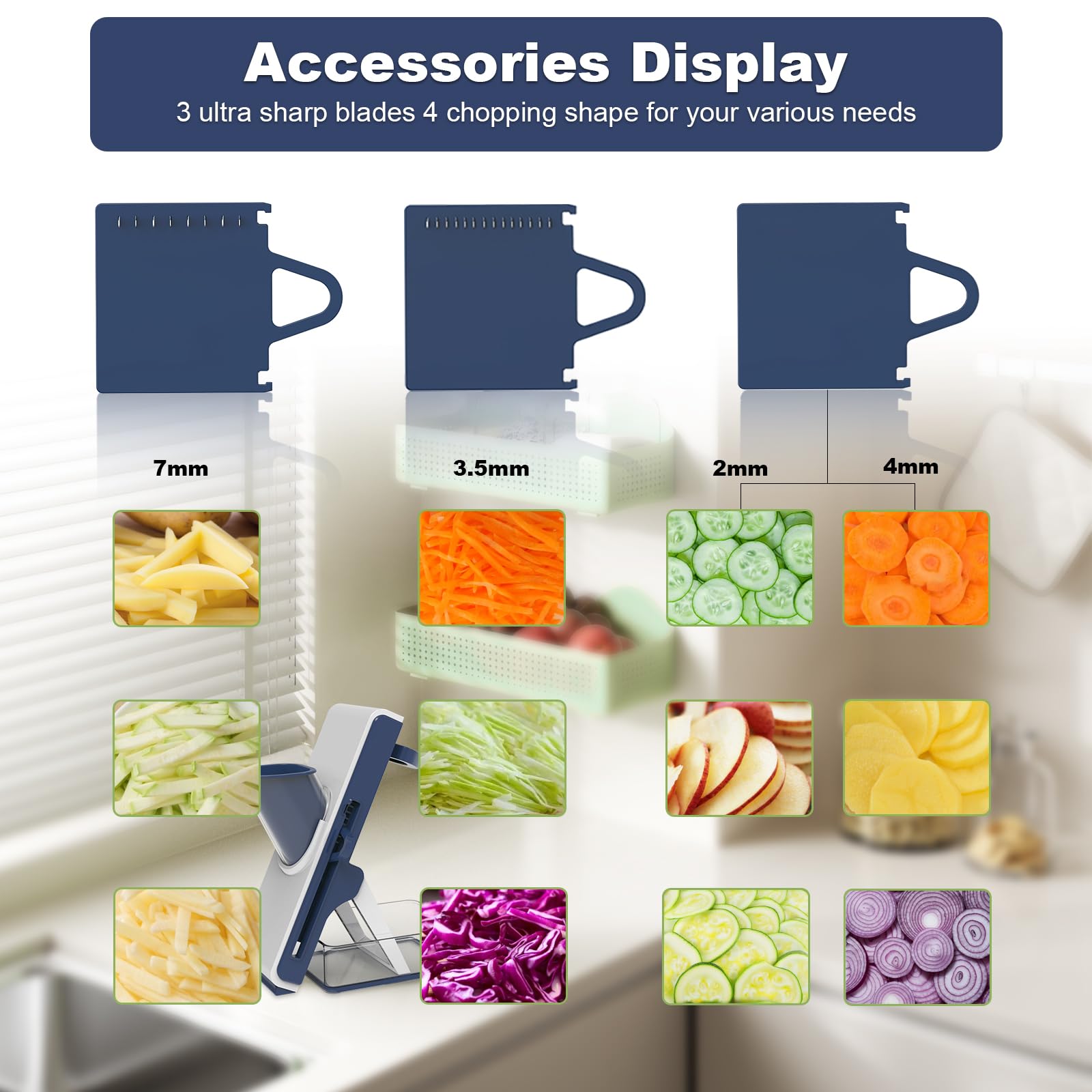Premium Mandoline Slicer for Kitchen - 5-in-1 Vegetable Food Chopper & Cucumber Slicer with Detachable Blades | Easy to Clean & Safe Kitchen Gadget (White & Blue) | Perfect for Salads, Meal Prep & Healthy Cooking