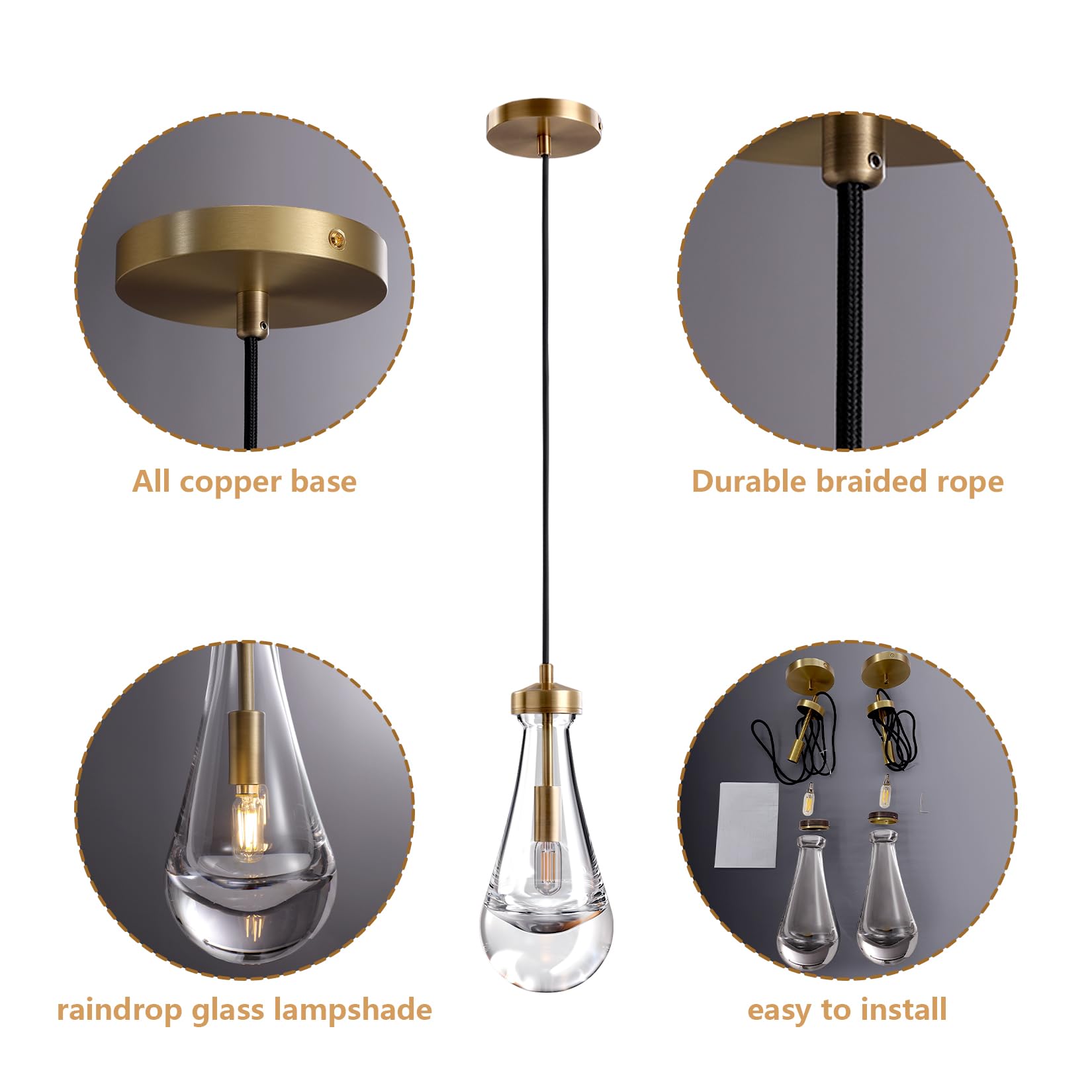 Modern Brass Pendant Light Fixtures with Raindrop Glass for Kitchen Island, Living Room, Hallway, Bedroom, Dining Hall, Office & Bar - Farmhouse Decor (Includes Bulb) | Elegant Lighting for Home & Commercial Spaces