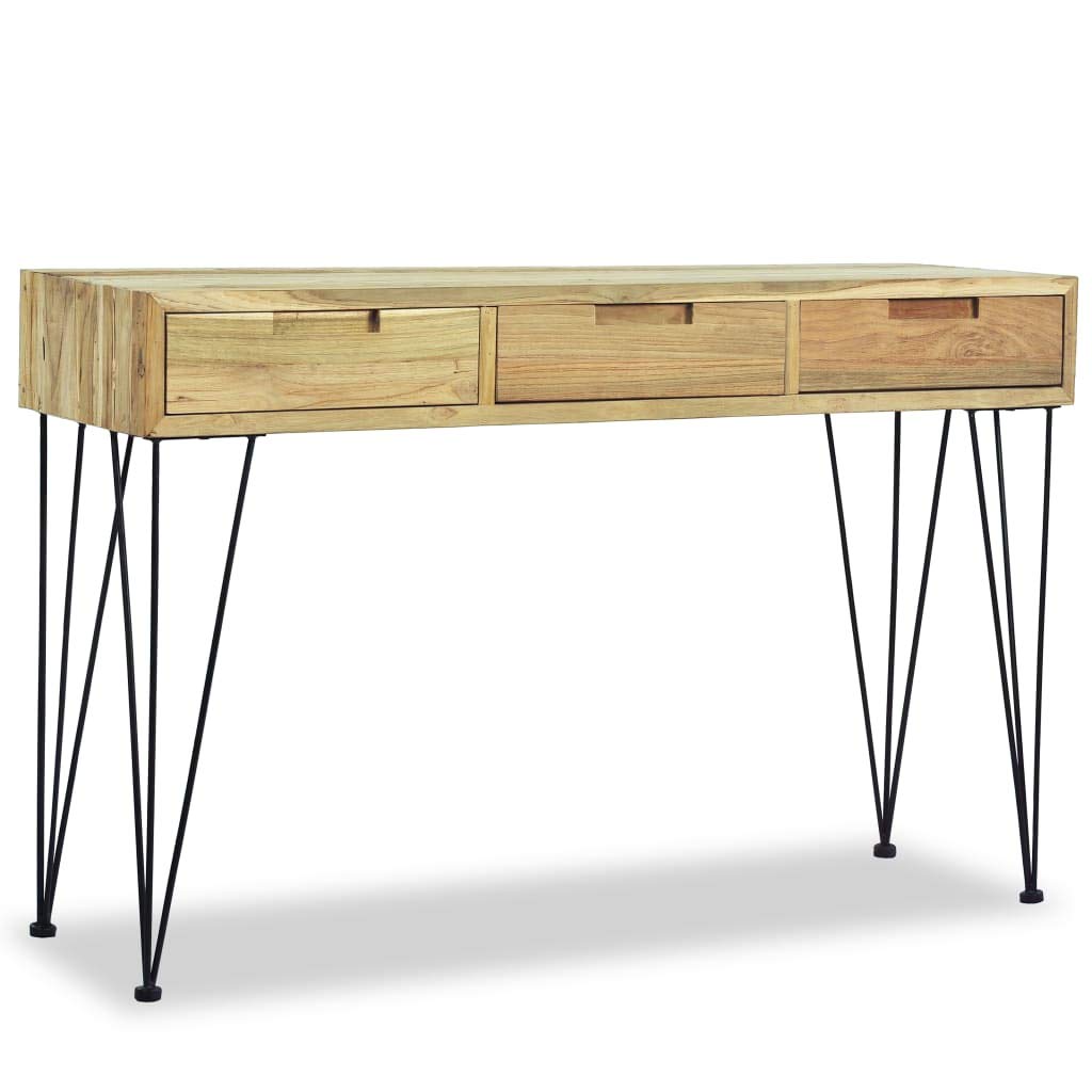 Rustic Industrial Console Table with 3 Drawers - Solid Teak Wood Sofa Table with Iron Legs, 47.2