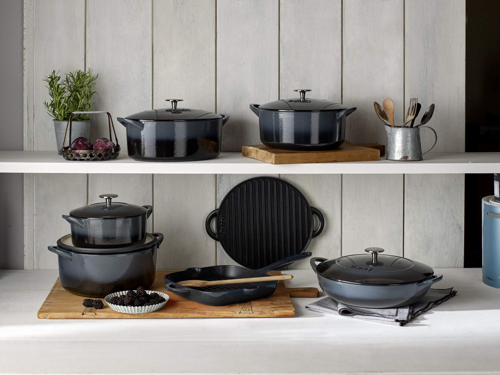 Denby Cast Iron Shallow Casserole Dish - 30cm (12 Inch) Halo Blue - Oven & Stovetop Safe - Perfect for Baking, Roasting & Serving - Ideal for Casseroles, Stews & One-Pot Meals