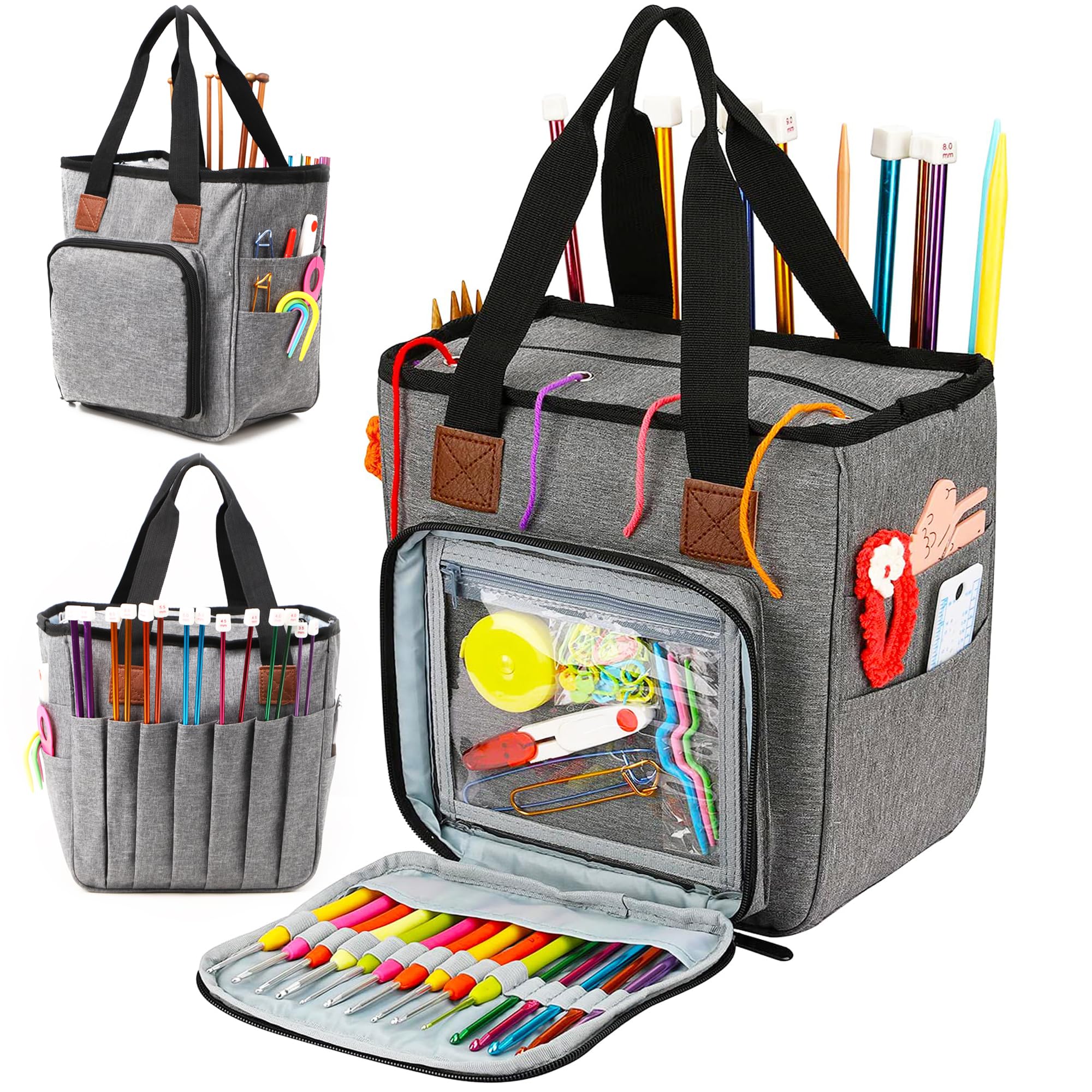 JOZEA Yarn Storage Bag - Portable Crochet Tote Organizer with Multiple Compartments for Yarn & Knitting Supplies | Zippered Knitting Bag with Pockets | Perfect for Home, Travel & Craft Projects (Grey)