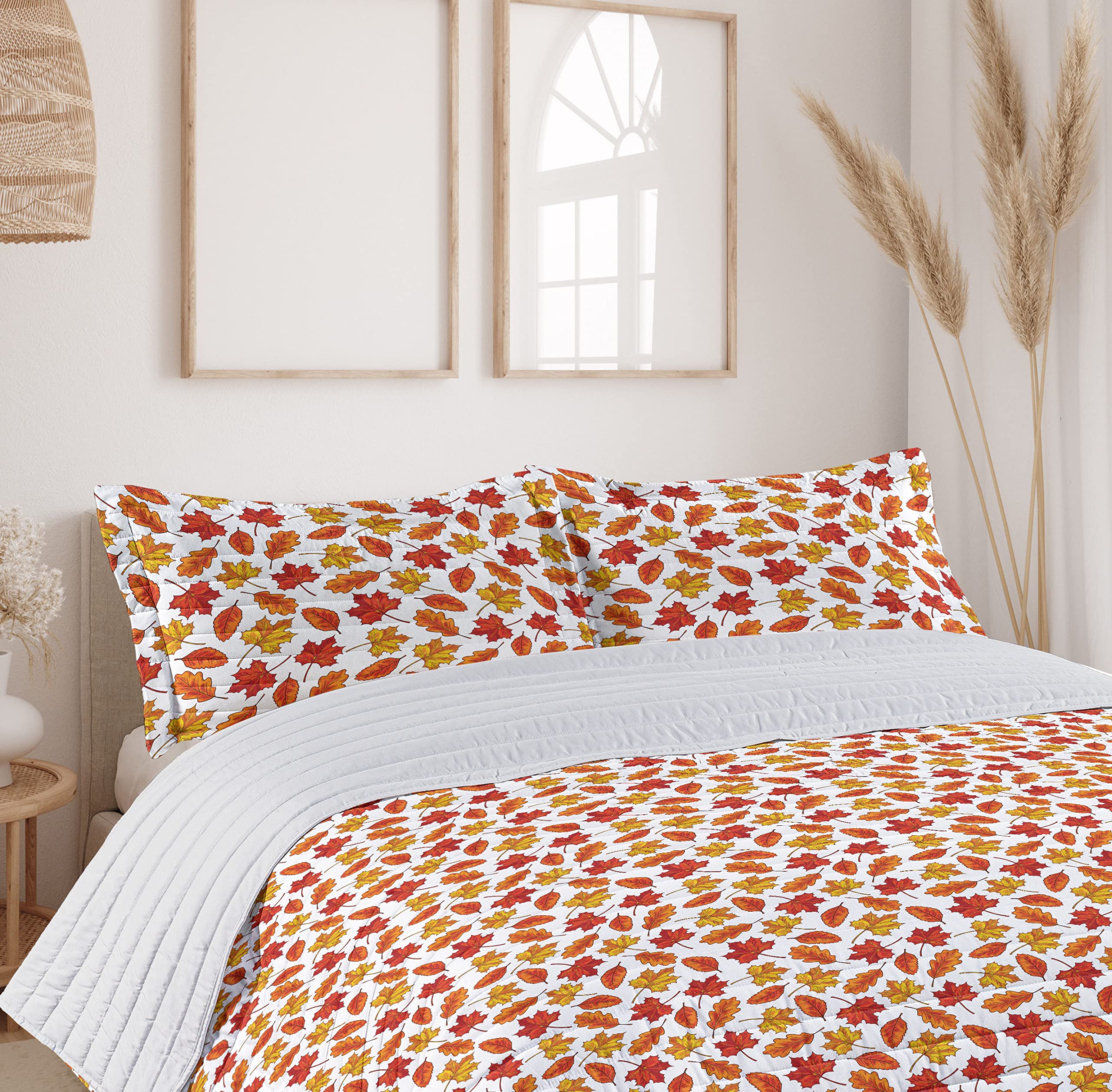 Ambesonne Maple Leaf Microfiber Bedspread Set - King Size Eco-Friendly Forest Silhouette Design in White Burgundy Yellow | Soft Comforter with Pillow Shams | Perfect for Fall Season Bedroom Decor & Cozy Autumn Nights