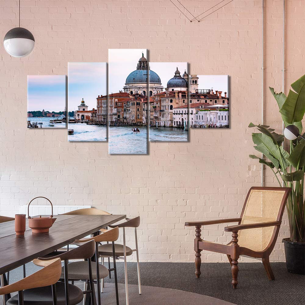 5-Piece Venice Italy Sunset Landscape Wall Art - Basilica & Canal Pictures for Bedroom, Living Room, Dining Room Decor - Stretched Canvas with Wooden Frame Ready to Hang (60