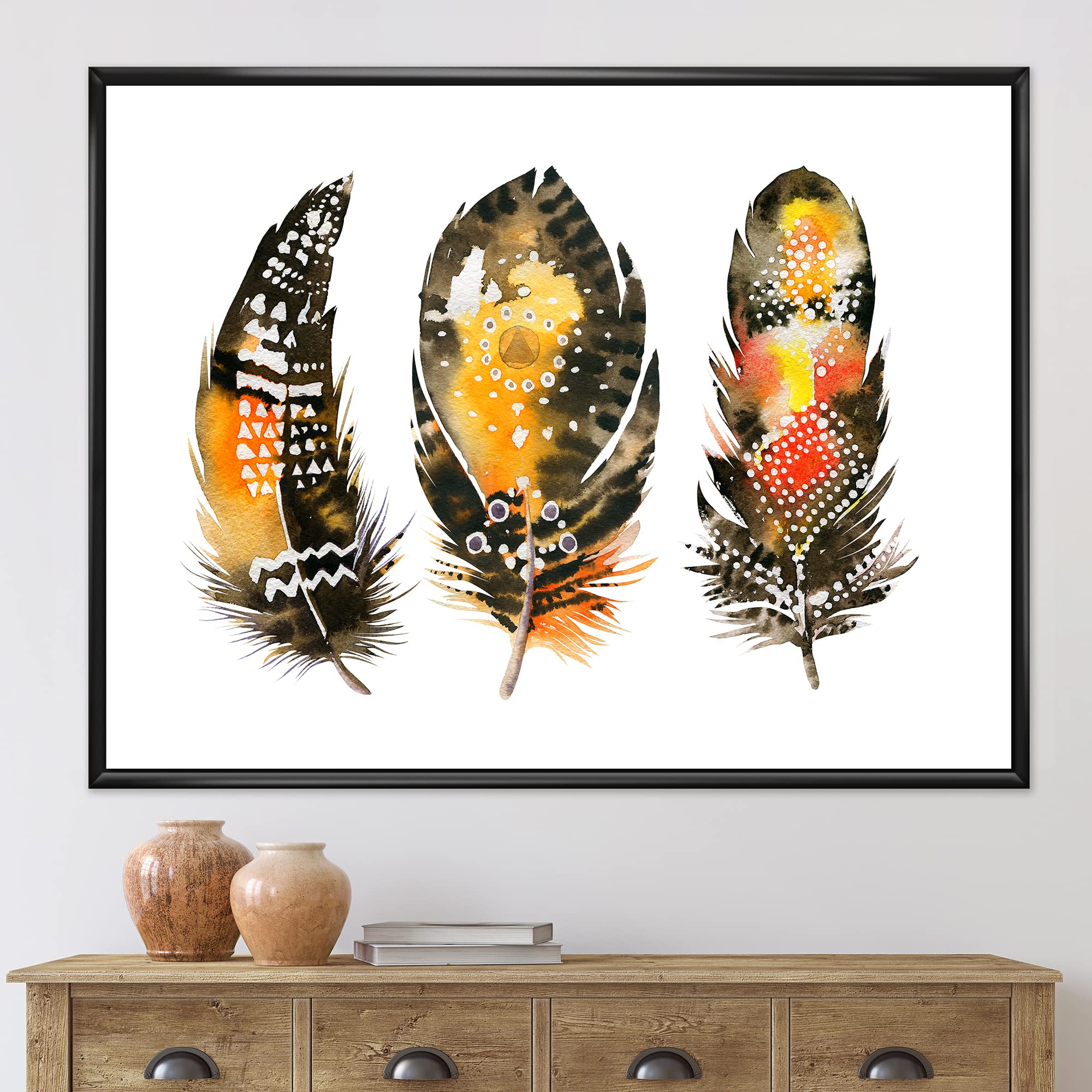 Bohemian Orange Feathers Framed Canvas Wall Art Print - Ethnic Boho Decor for Living Room, Bedroom & Office | Handmade Eclectic Home Decor