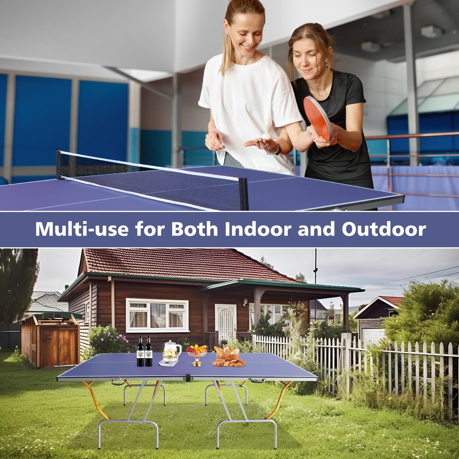 8FT Foldable & Portable Ping Pong Table Set with 2 Paddles, 3 Balls & Net - Indoor/Outdoor Table Tennis for Home, Office, Backyard & Gym Use