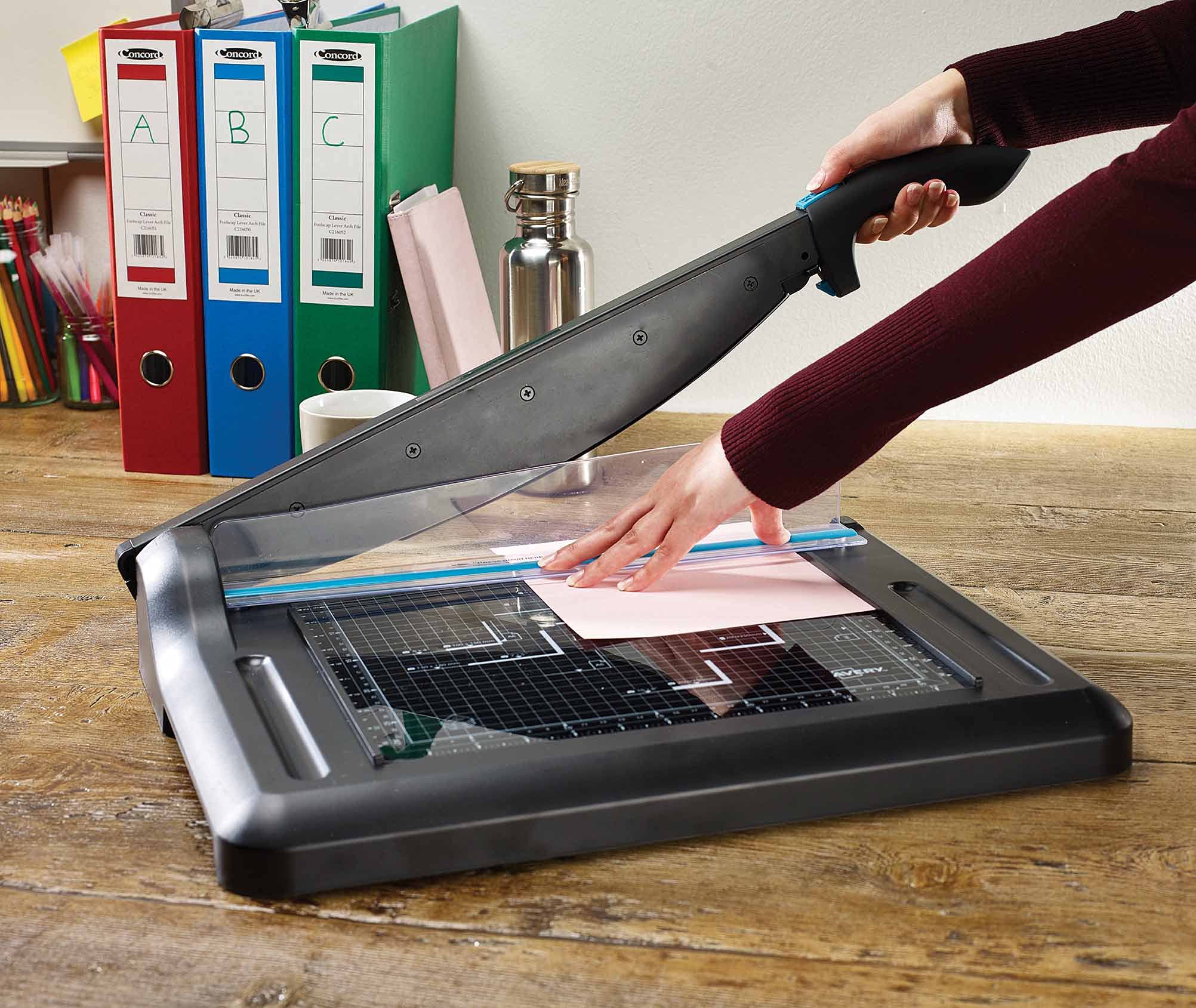 Avery A4 GUA4 Office Guillotine Paper Cutter - 12 Inch Cutting Length, Black & Teal - Perfect for Trimming Documents, Photos, and Craft Projects at Home or Office