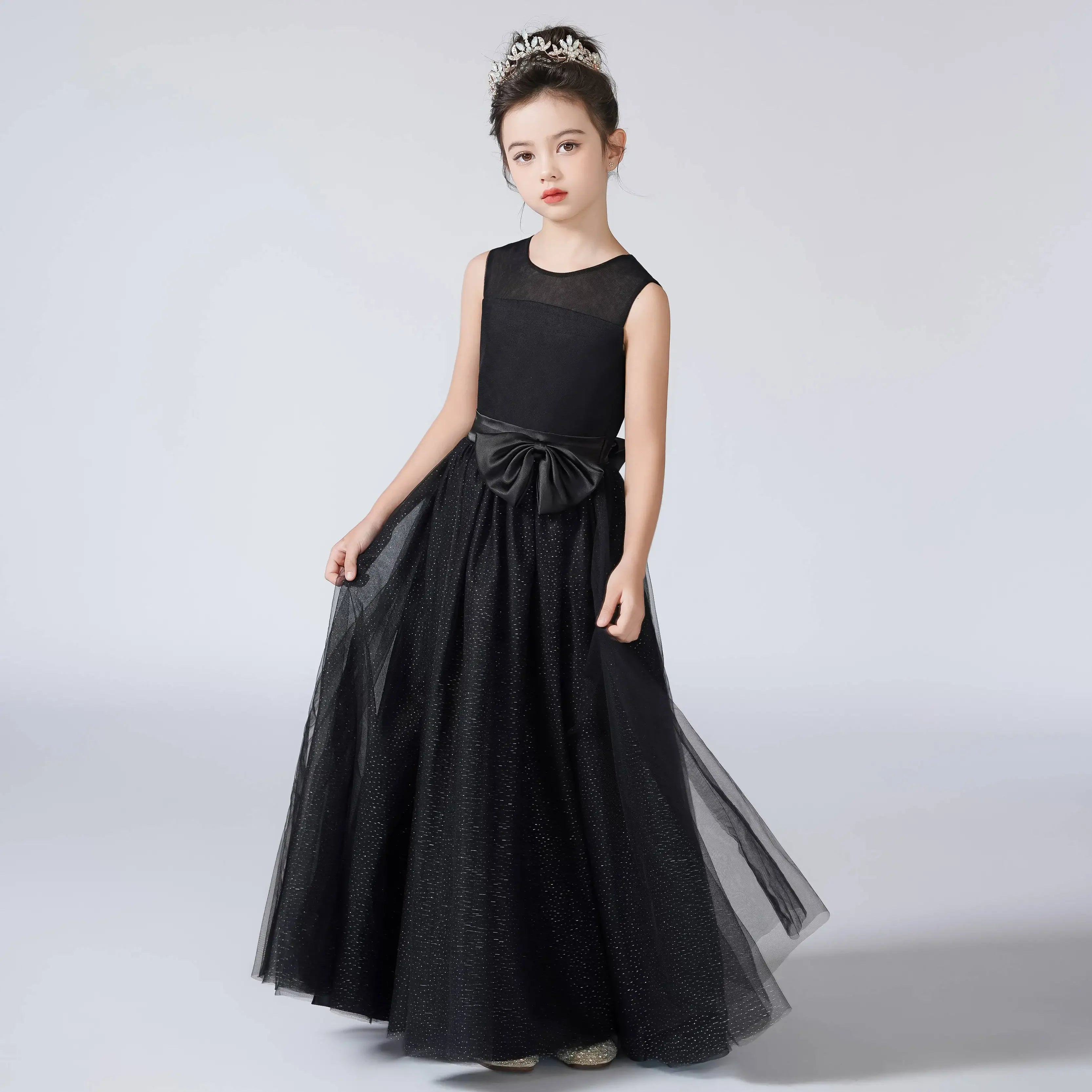 Shiny Black Tulle O-Neck Girls Party Dress - Elegant Formal Wear for Birthday, Wedding & Special Occasions