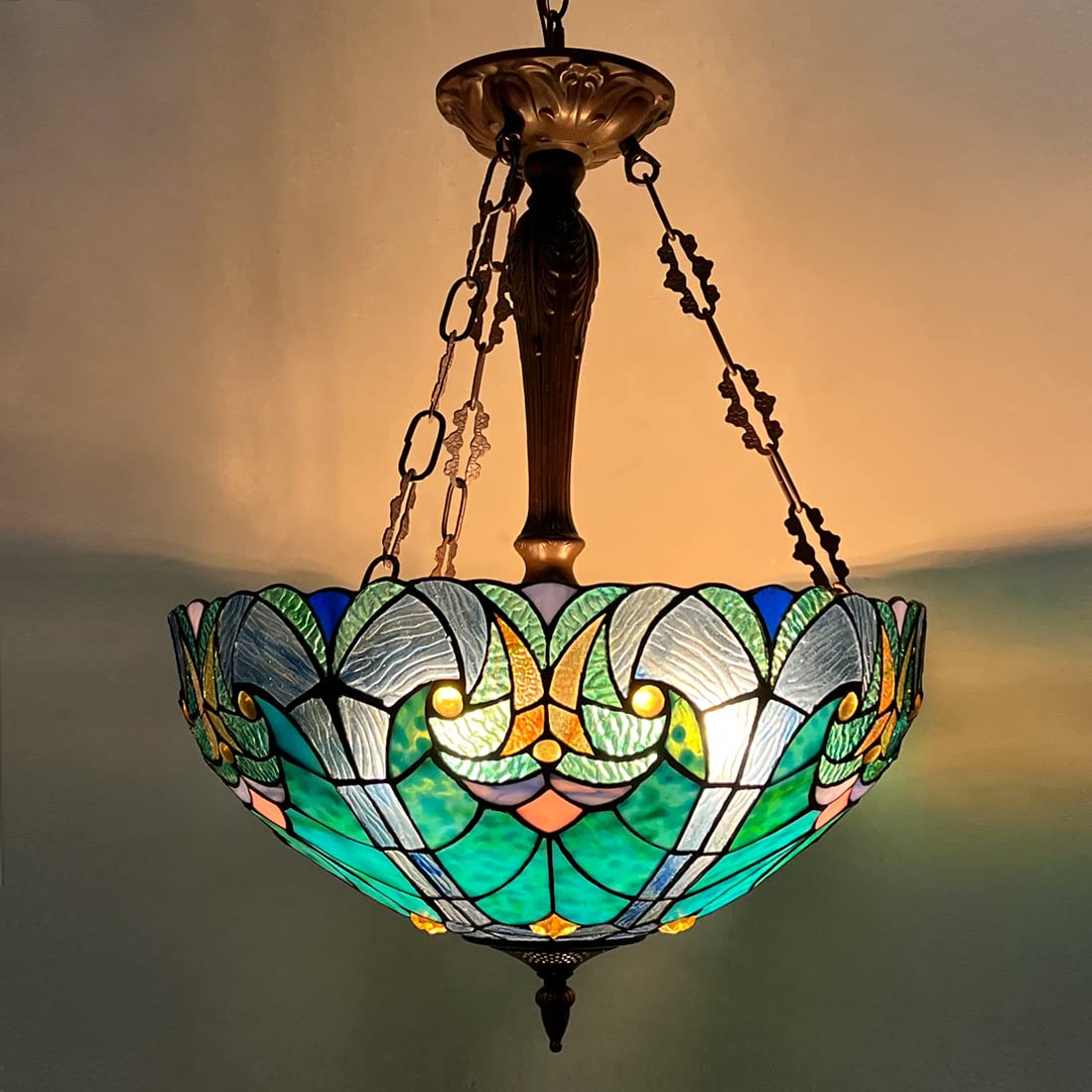 Tiffany Style Pendant Light Fixture - 18 Inch Wide Sea Green Stained Glass Inverted Ceiling Lamp - Antique 3-Light Hanging Chandelier for Dining Room, Living Room, Kitchen & Foyer - Perfect for Vintage Home Decor and Ambient Lighting