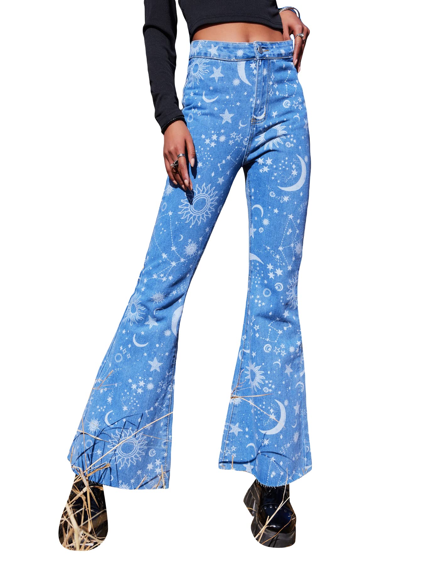 WDIRARA Women's High Waisted Wide Leg Casual Jeans - Flowy Baggy Denim Pants with Stylish Print for Everyday Wear | Perfect for Street Style, Work & Weekend Outfits