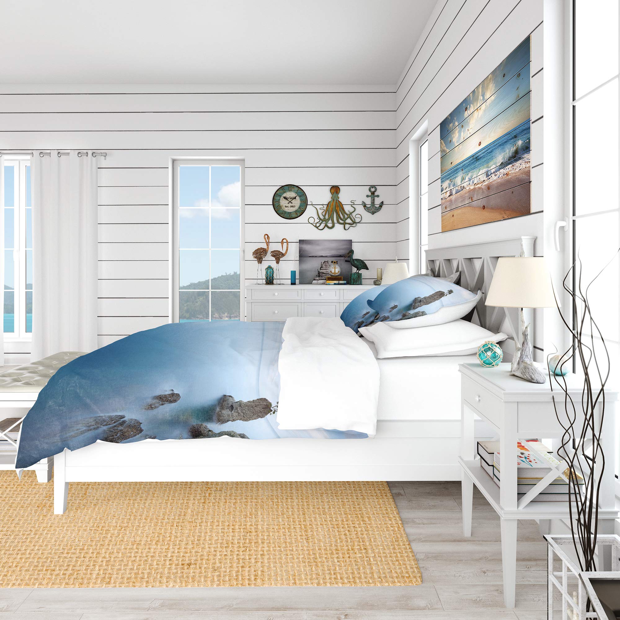 Pine Tree Rock Duvet Cover Set King - Nautical Coastal Bedding for Beach & All Seasons
