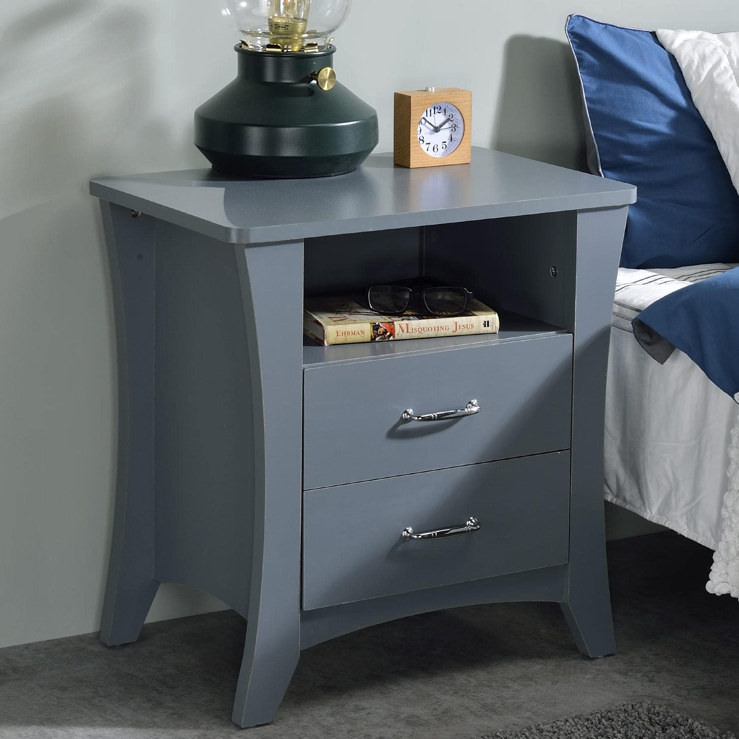 Simple Relax 2-Drawer Nightstand, Grey - Modern Bedside Table with Storage for Bedroom, Living Room & Office - Compact Night Stand with Smooth Gliding Drawers for Easy Organization