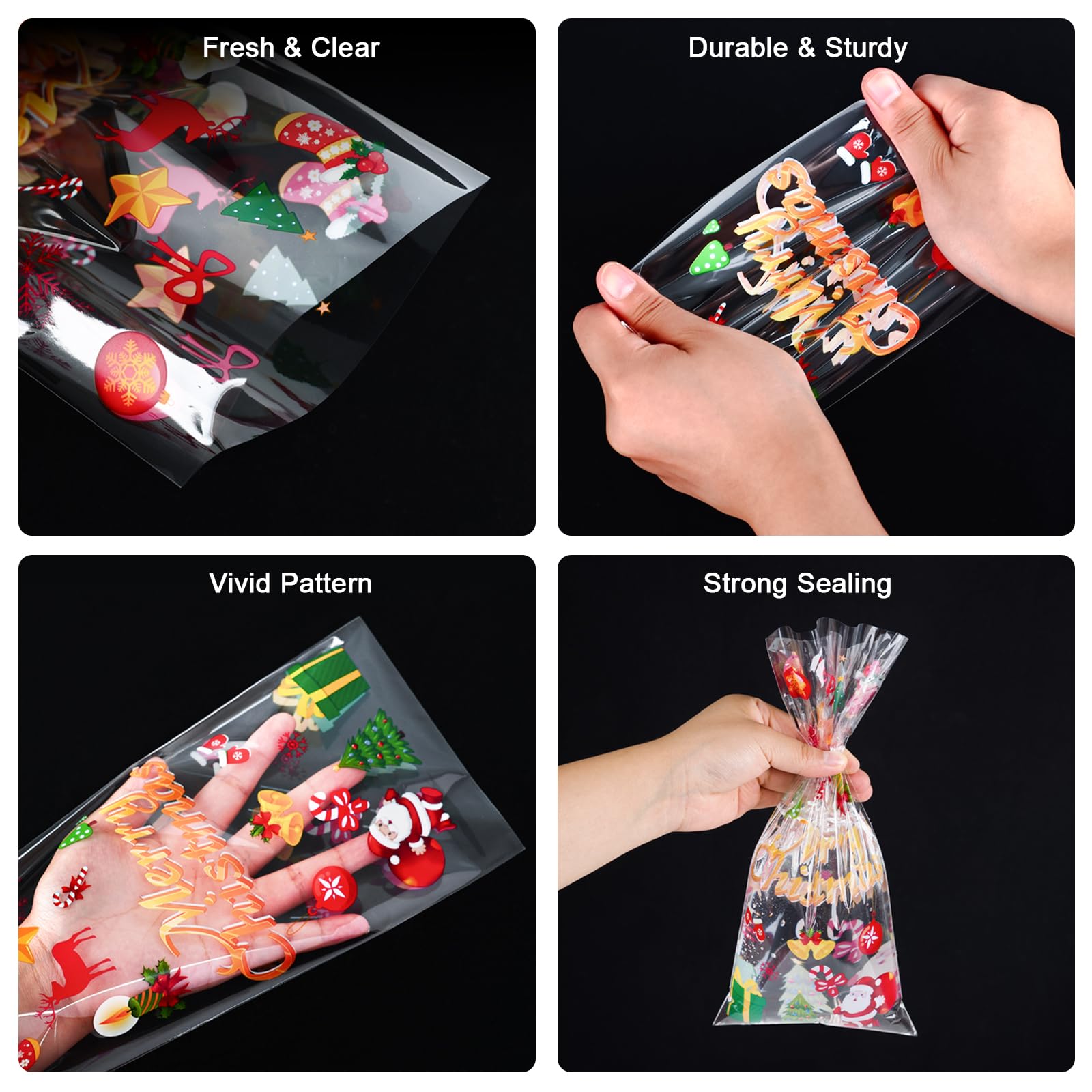 120 Pcs Clear Christmas Cellophane Treat Bags with Santa Claus & Bells Pattern - Holiday Candy Bags for Xmas Party Favors, Gift Wrapping & Home Decorations