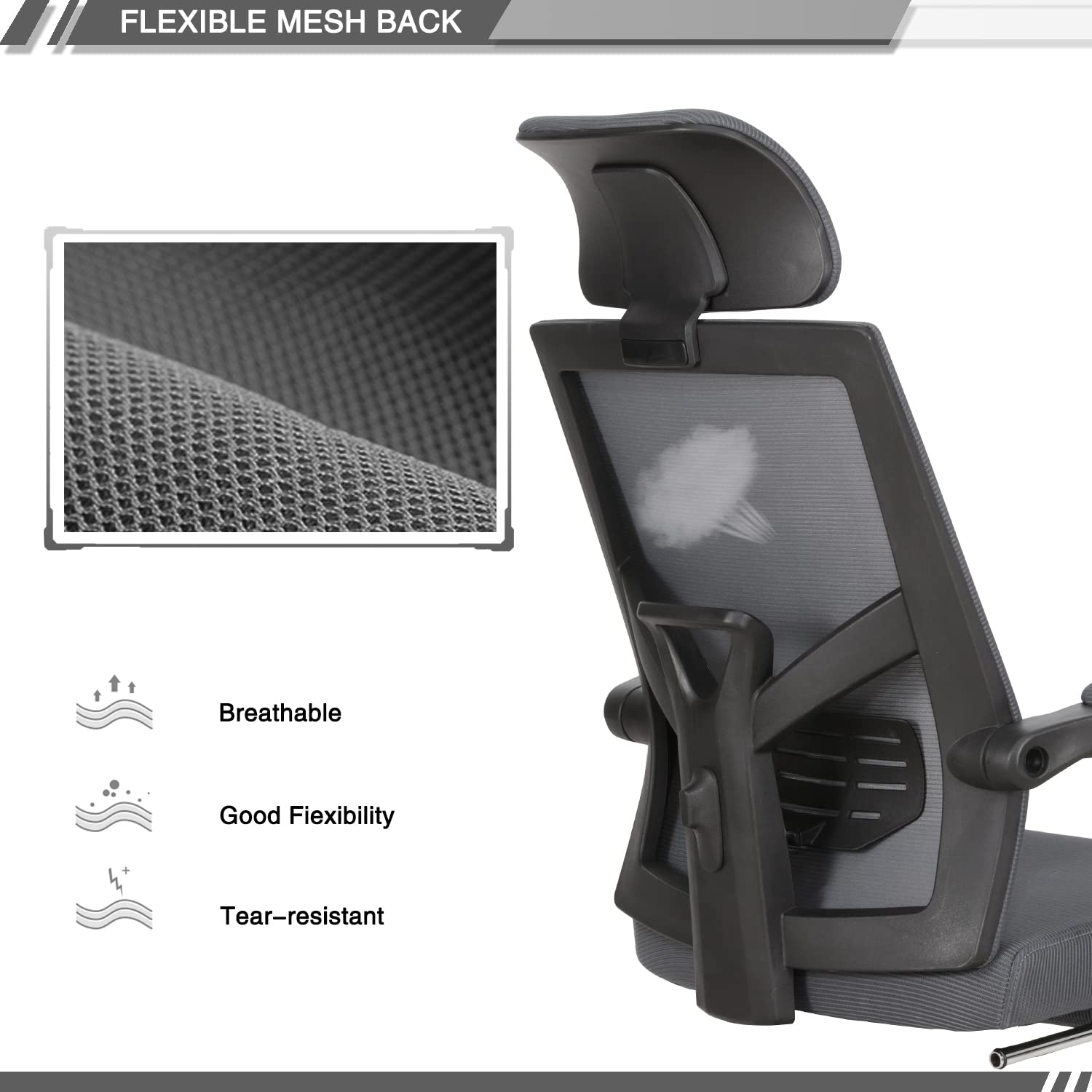 Qulomvs Ergonomic Mesh Office Chair with Adjustable Headrest, Lumbar Support & Footrest - 90-135° Recline, 360° Swivel & Wheels - Perfect for Home Office, Gaming & Computer Workstations