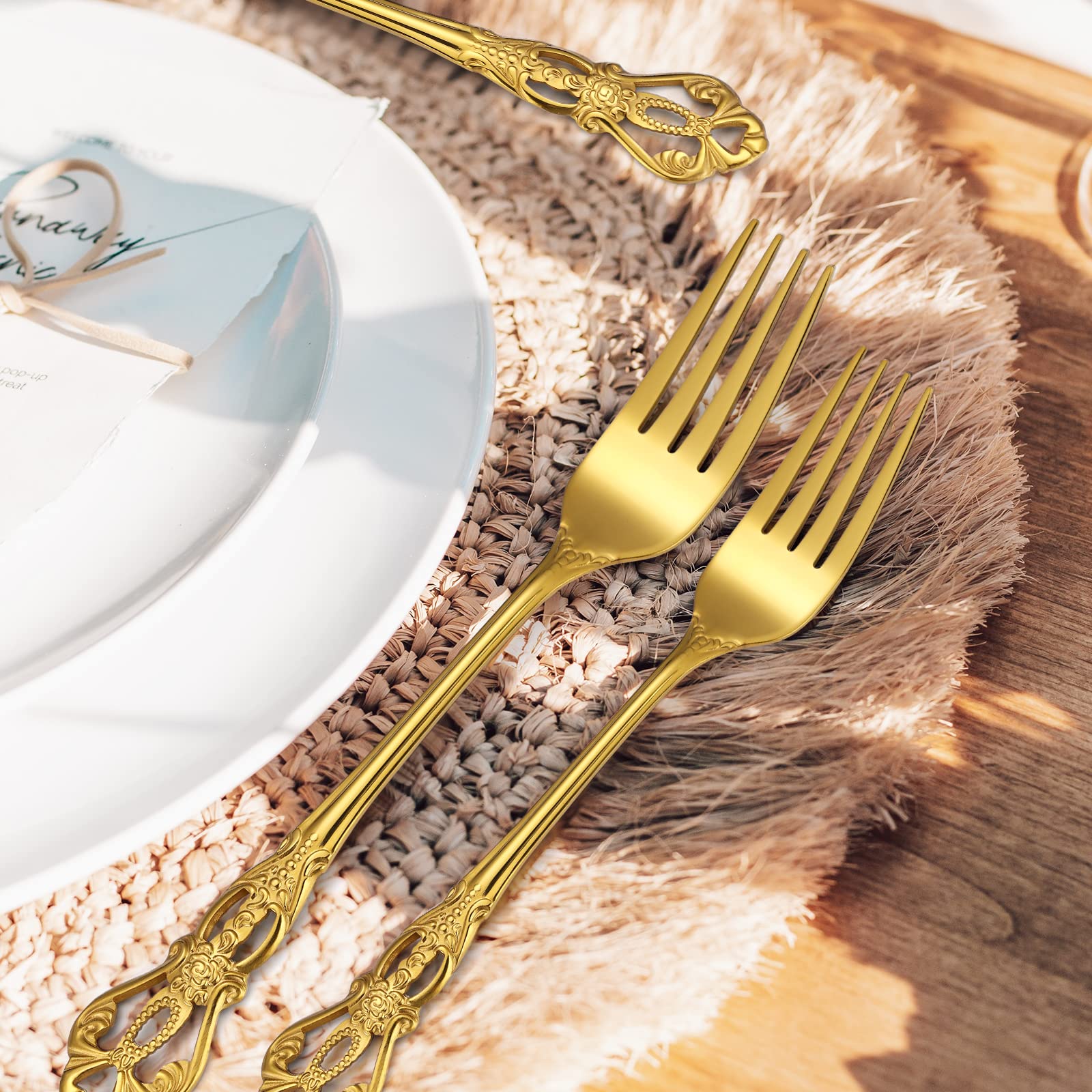 Vintage 20-Piece Silverware Set - Gold Stainless Steel Flatware with Hollow Relief Design (4-Person) - Knives, Spoons, Forks - Durable Cutlery for Daily Use, Parties & Festive Dining