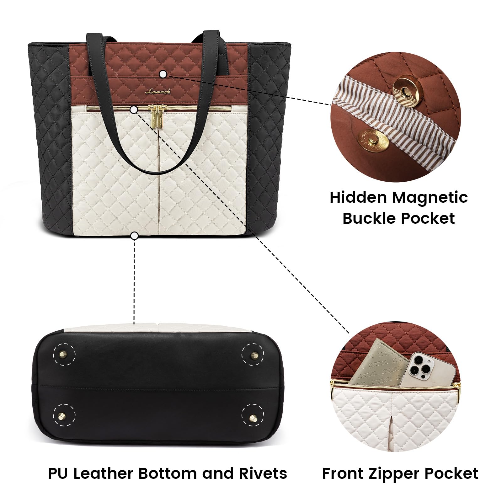 LOVEVOOK 15.6 Inch Diamond Quilted Laptop Bag for Women - Stylish Work Tote, Travel Shoulder Bag & Briefcase with Clutch Purse (Brown/Black/White) | Perfect for Office, Business Travel & Daily Commute