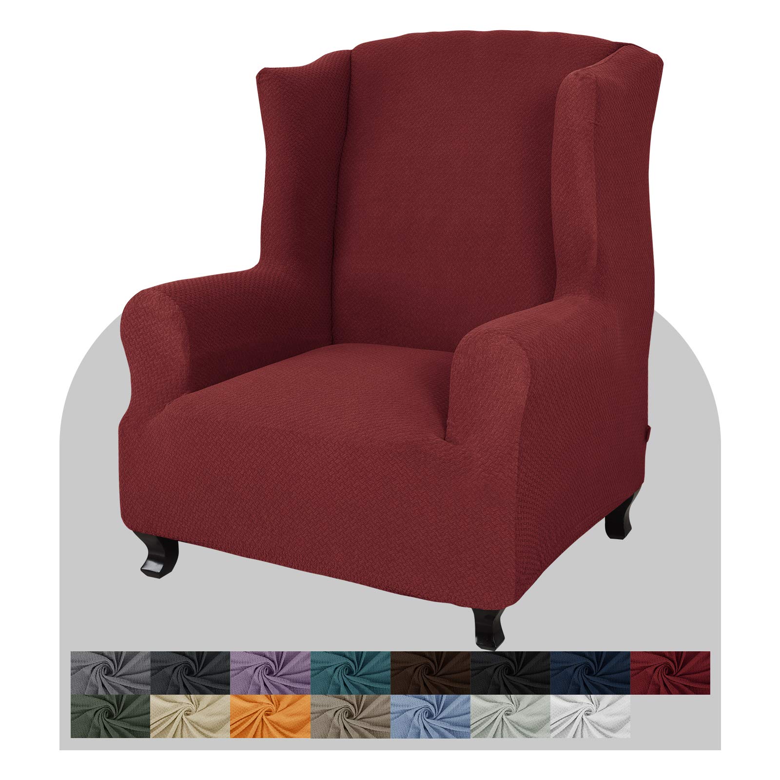 JIVINER Super Stretch Wingback Chair Slipcover - 1-Piece Soft Spandex Jacquard Fabric - Washable Wing Chair Cover for Living Room, Dining Room & Office - Includes Foam Rods (Wine Red, Wingback Chair Size)