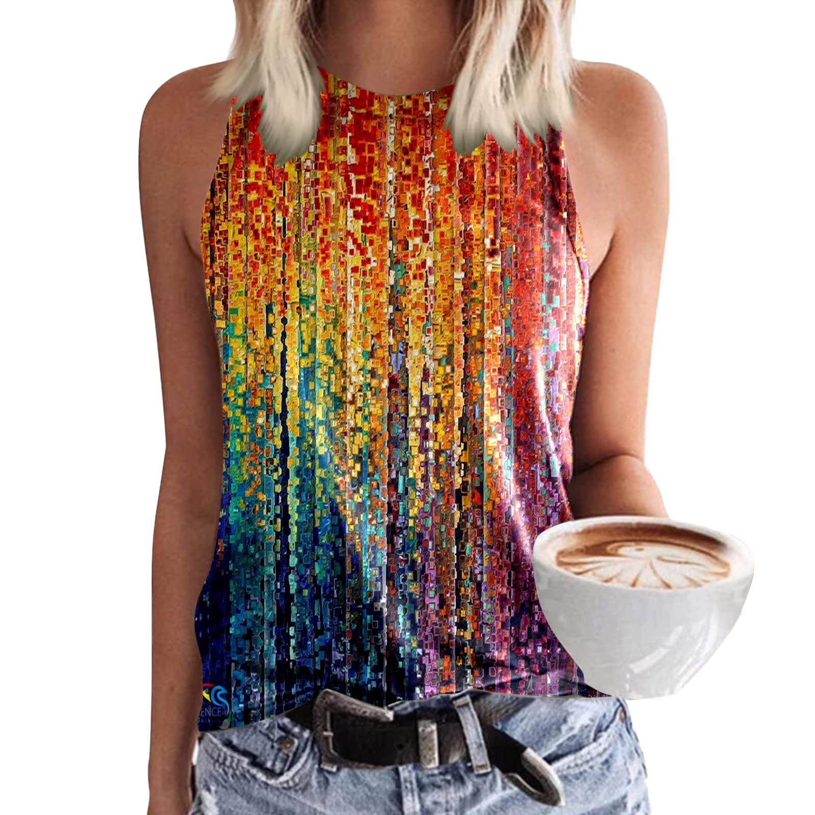 SNKSDGM Women's Sleeveless Tank Tops - Breathable Round Neck Athletic Shirts, Summer Loose Blouses with Cute Printed Graphics - Perfect for Workouts, Yoga, Beach & Casual Wear