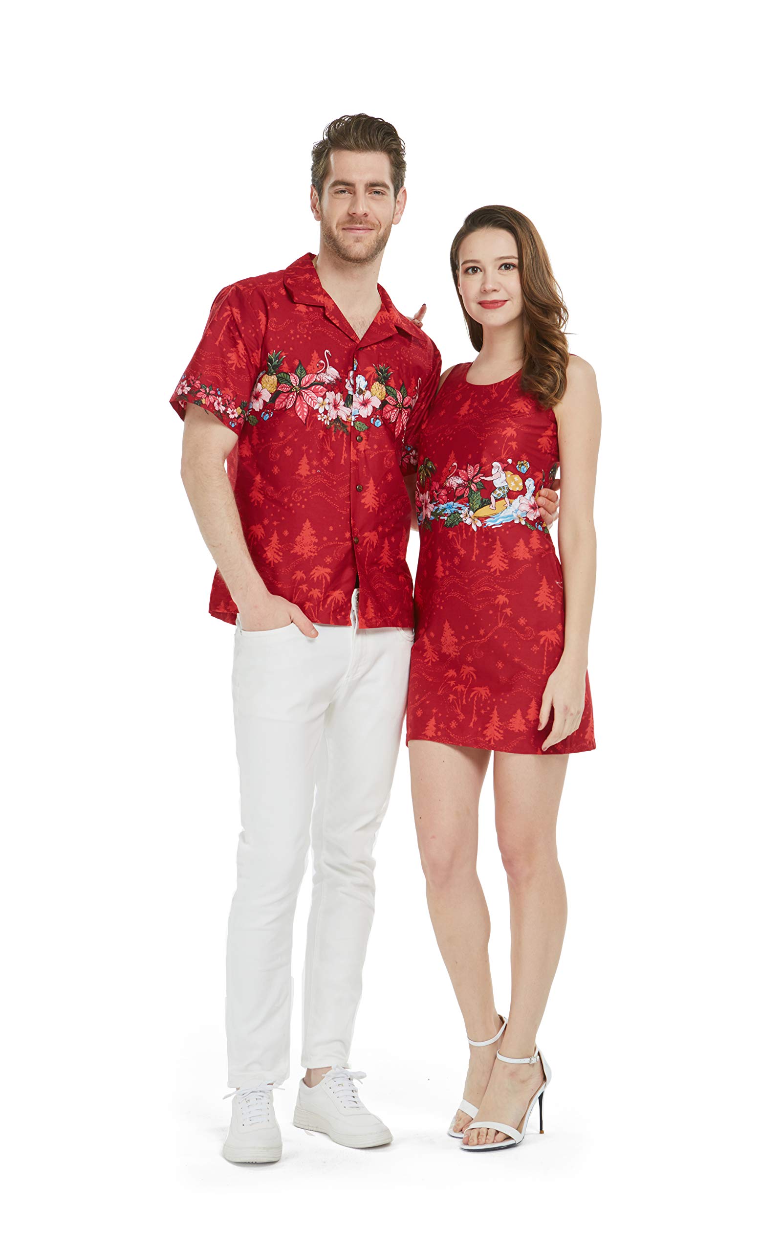 Matching Couples Hawaiian Luau Cruise Christmas Outfits - Santa Red Shirt Dress for Tropical Party, Holiday Cruise & Festive Celebration