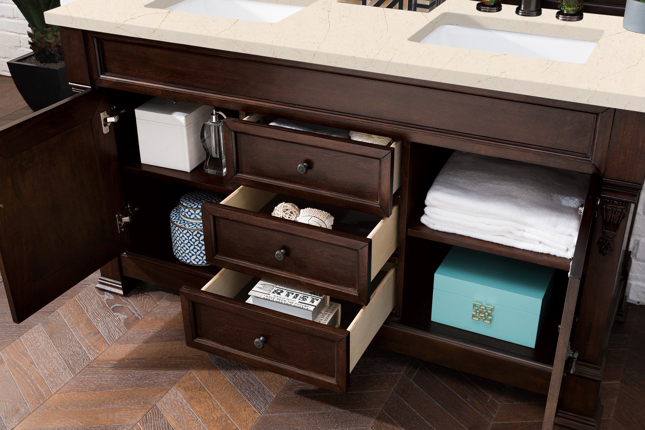 Brookfield 60 Inch Double Vanity with Burnished Mahogany Finish & 3CM Eternal Marfil Quartz Top - Perfect for Master Bathroom or Luxury Home Renovation