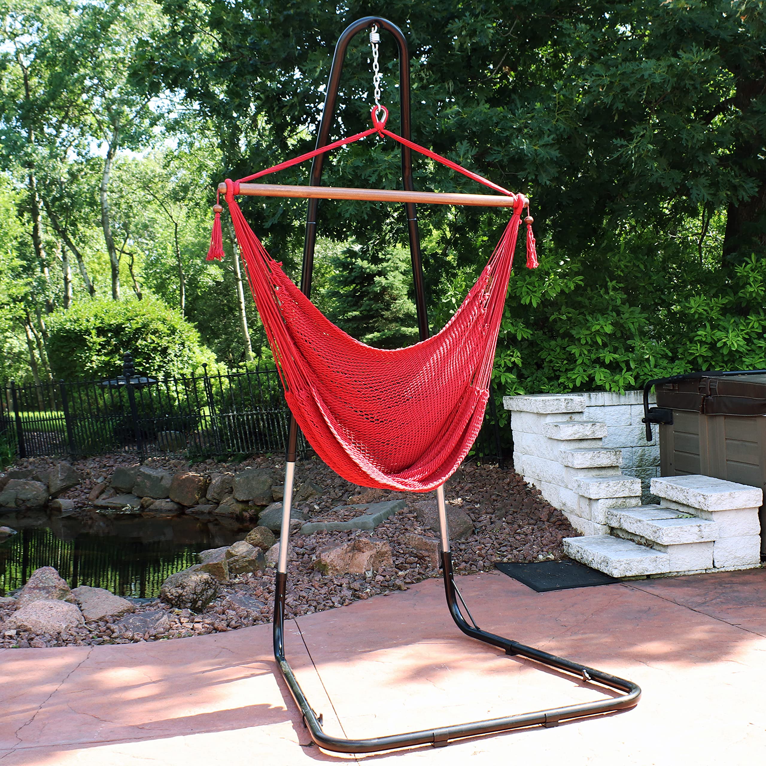 Caribbean-Style Hanging Rope Hammock Chair with Adjustable Stand - 300 lb Weight Capacity - Red - Perfect for Patio, Backyard, and Indoor Relaxation