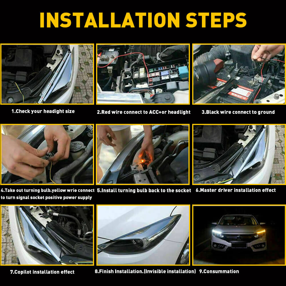 60cm Universal Flexible LED Daytime Running Lights & Turn Signal Strips for Cars, Trucks, SUVs - Waterproof DRL Light Strips for Headlight, Fog Light, Daytime Safety Driving