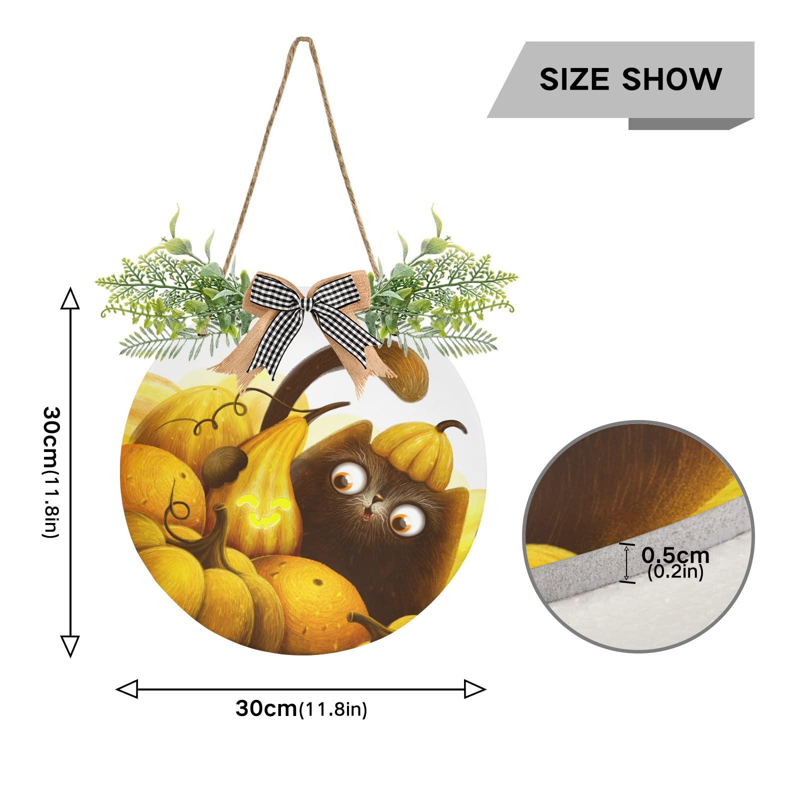 Black Cat Halloween Wooden Welcome Sign - Round Front Door Decor with Golden Pumpkins, Farmhouse Wreath Hanger - Perfect for Seasonal Greetings, Holiday Housewarming & Porch Decoration