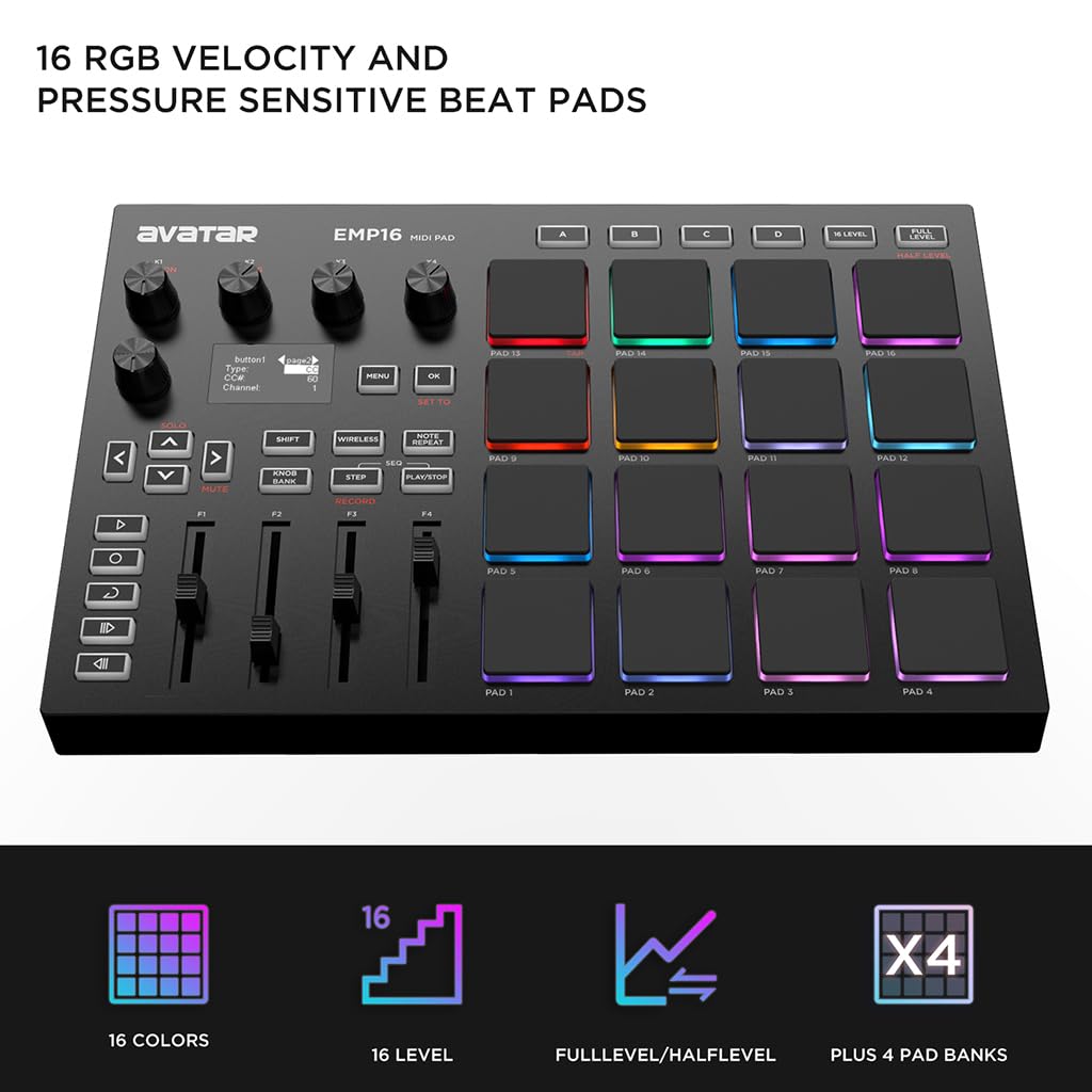 EMP16 MIDI Pad Controller - Bluetooth Beat Maker Machine with 16 RGB Velocity-Sensitive Pads, 16 Levels, Full/Half Level Modes, OLED Display & MIDI In/Out - Perfect for Music Production, Live Performance & DJing