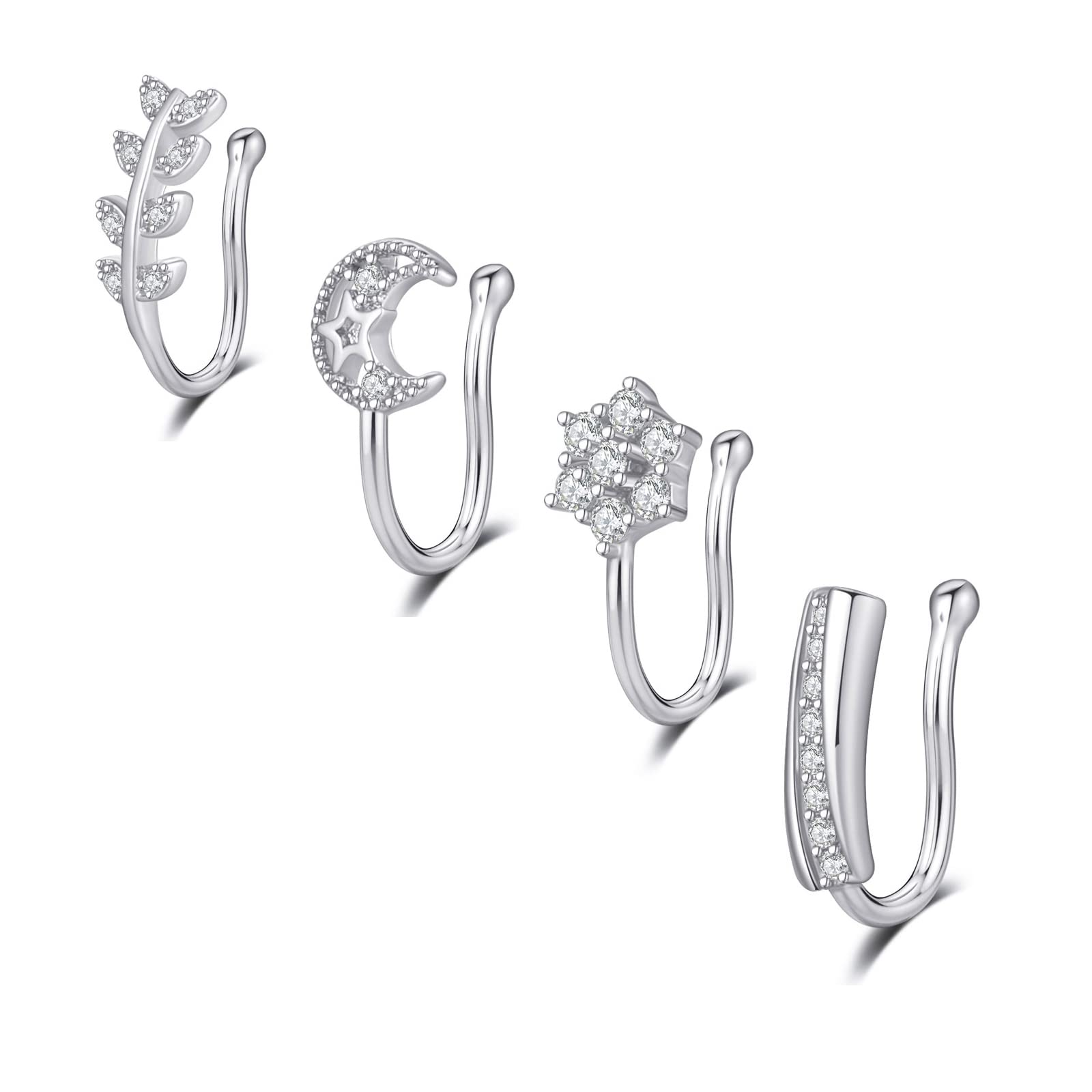 Yoltnes 4PCS Fake Nose Rings & Nose Cuffs for Non-Pierced Noses - Cubic Zirconia Clip-On Nose Rings, Non-Piercing Jewelry Set for Women, Girls & Men - Perfect for Parties, Cosplay & Everyday Fashion Accessories