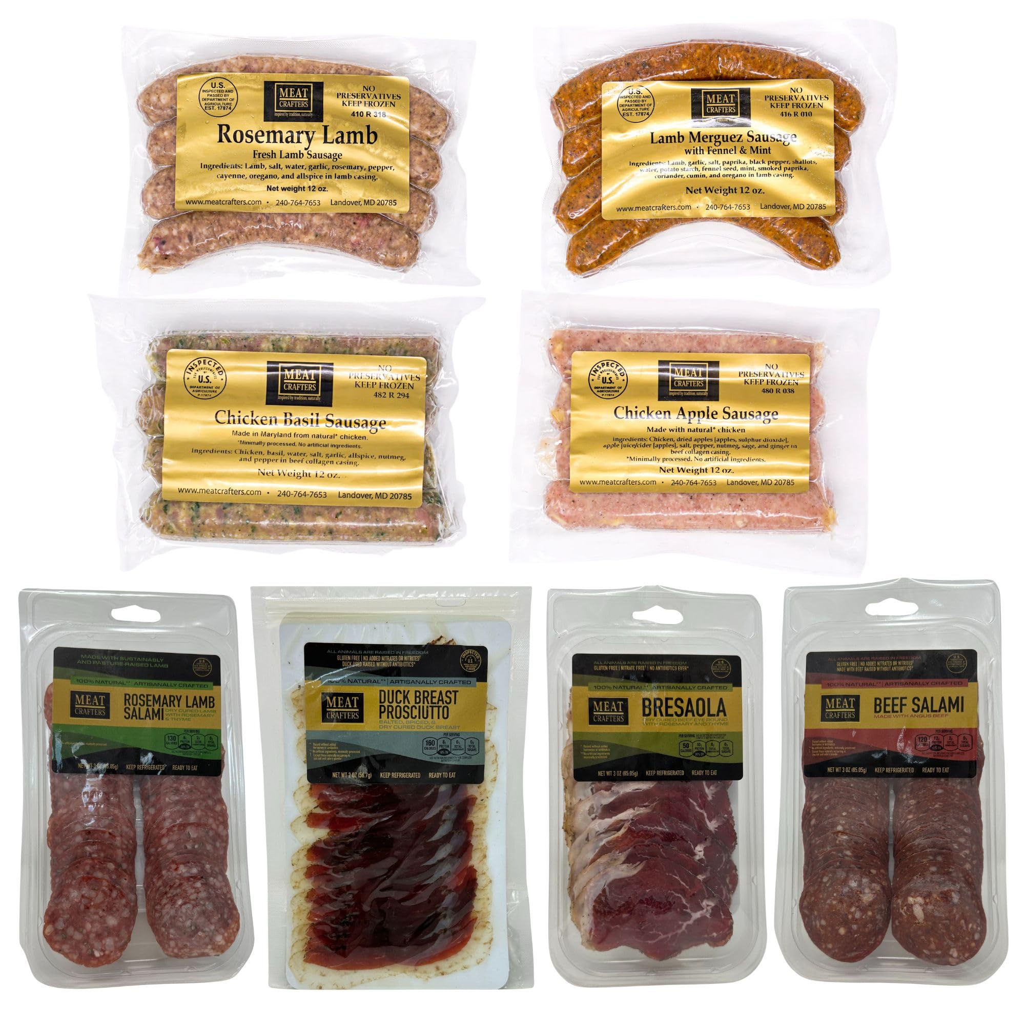 Meatcrafters The Oinkless Bundle - Premium All-Natural Sausage & Charcuterie Variety Box | Chicken & Lamb Sausage, Duck Prosciutto, Sliced Bresaola, Beef & Rosemary Lamb Salami | Antibiotic-Free, No Artificial Ingredients | Perfect for Charcuterie Boards, Gourmet Gifts & Dinner Parties (8 Items)