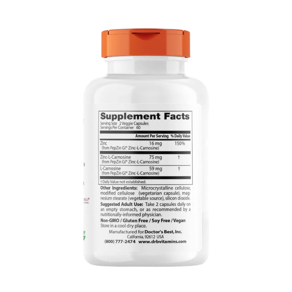 Doctor's Best PepZin GI - Zinc L-Carnosine Complex Supplement for Digestive Health - 120 Vegetarian Capsules - Supports Gut Lining & Stomach Comfort - Ideal for Acid Reflux, Heartburn & Digestive Wellness
